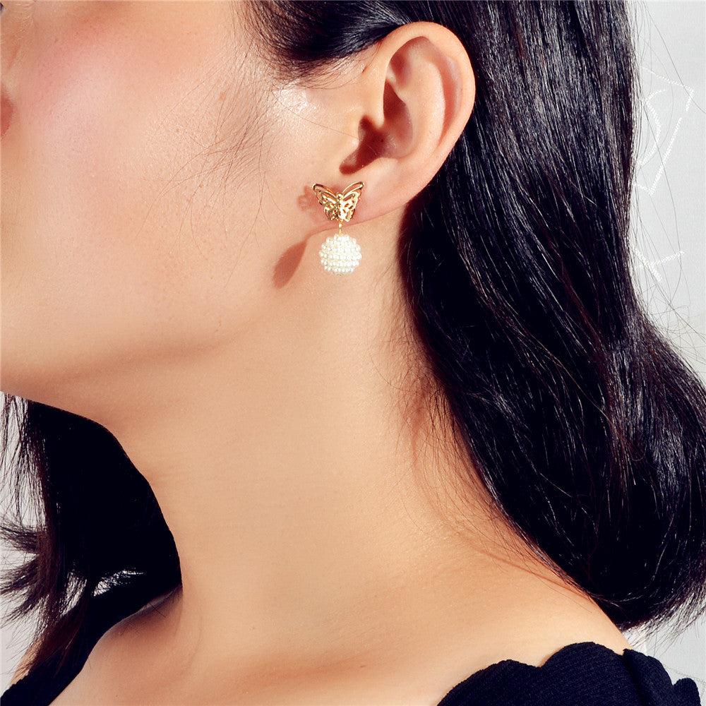 Faux Pearl Ball Gold Tone Butterfly Stud Earrings Women Teens Textured Jewellery
