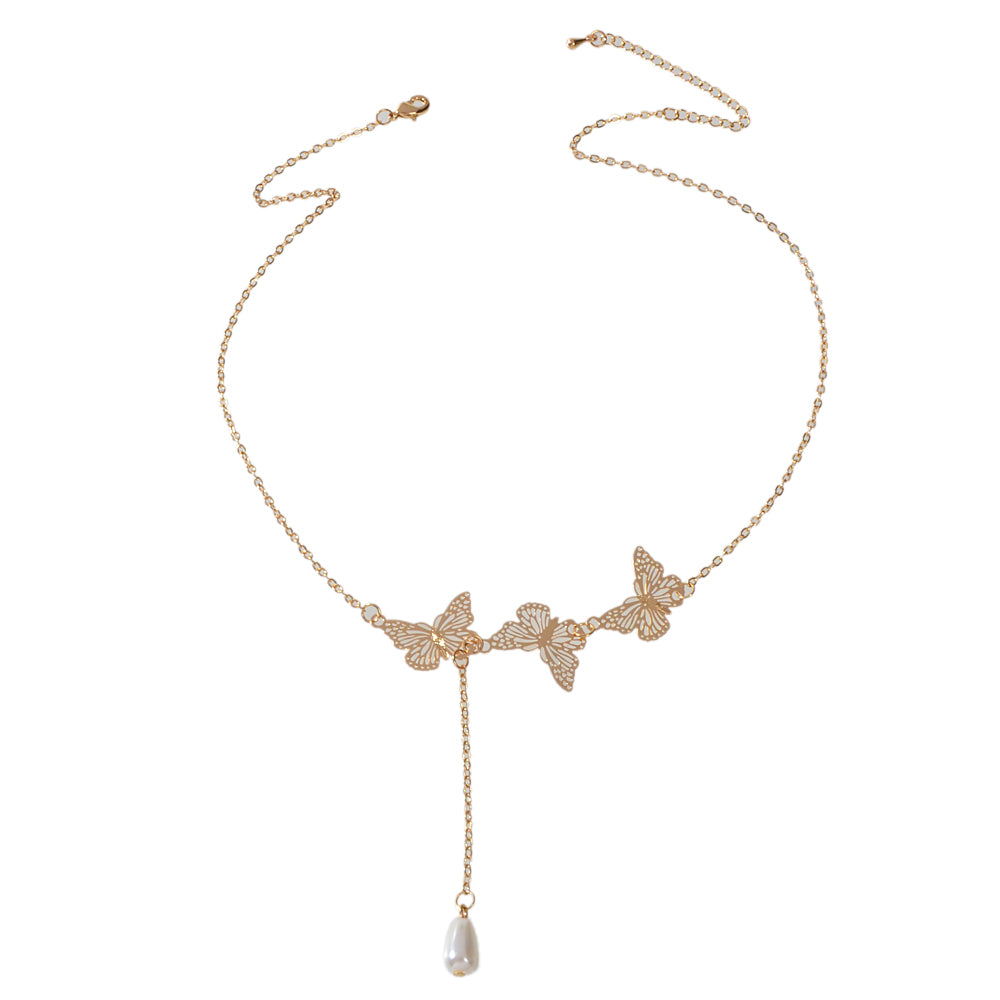 Designer Gold Butterfly Pearl Charm Personality Long Chain Dangle Y Necklace