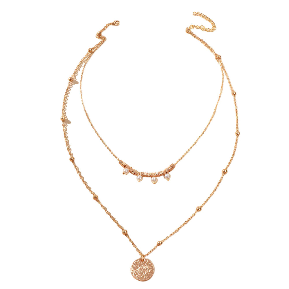 Women Pearl Decoration Gold Double layer Chain Round Pendant Necklace Accessory