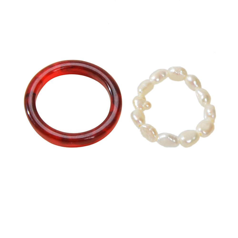 2pcs Pearl Elastic Retro Green Red Acrylic Ring