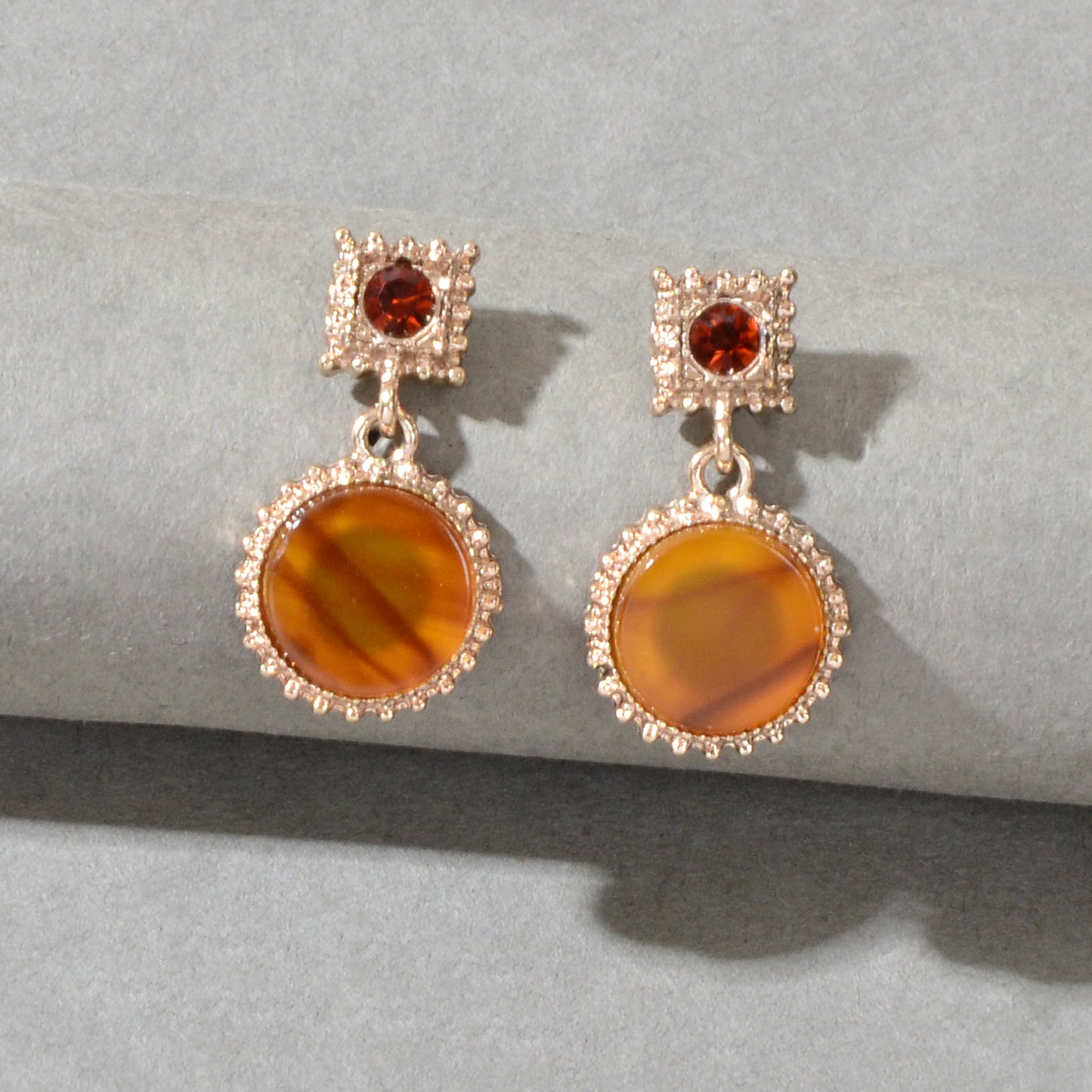 Textured Red Rhinestone Yellow Simulated Gemstone Round Charm Dangle Earrings