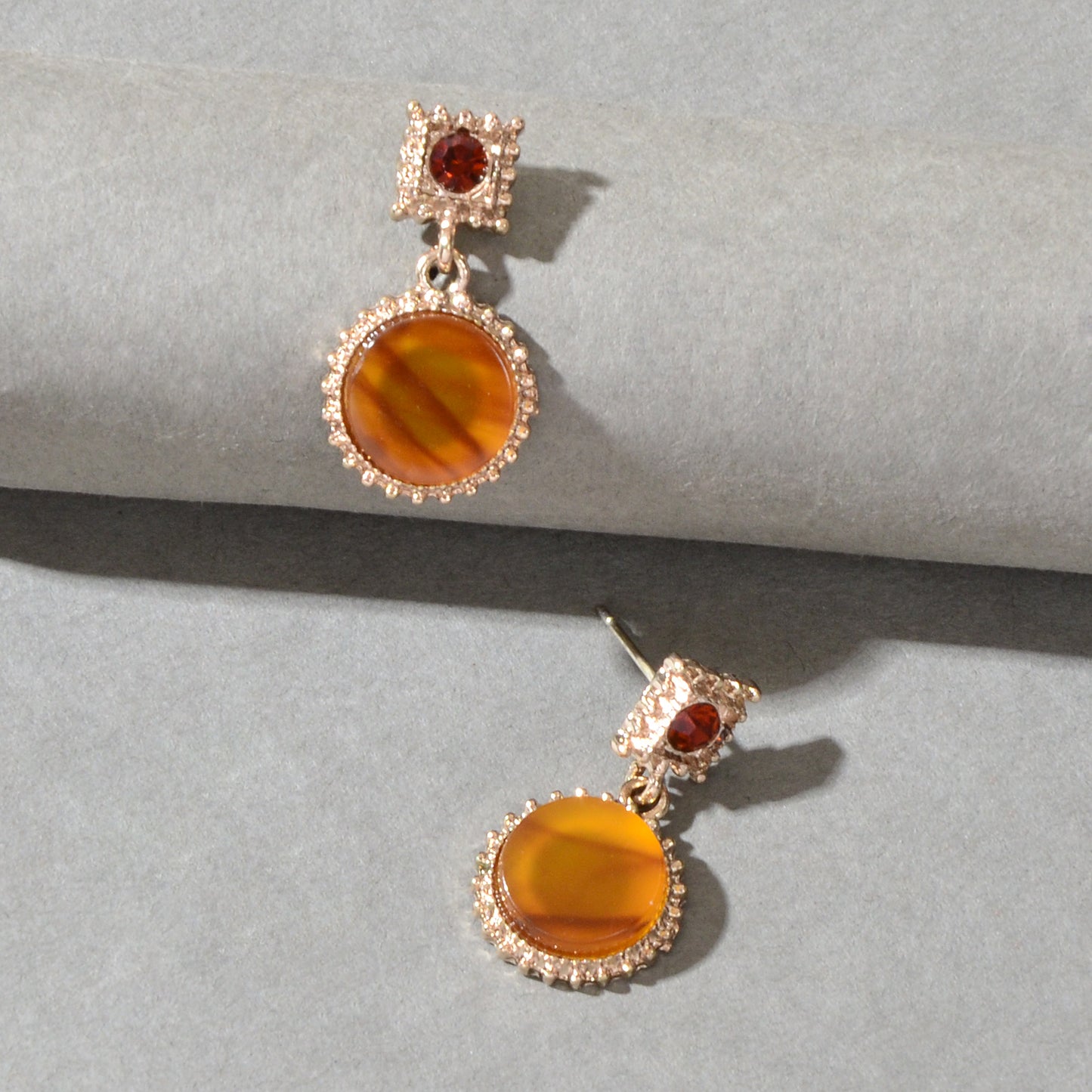 Textured Red Rhinestone Yellow Simulated Gemstone Round Charm Dangle Earrings