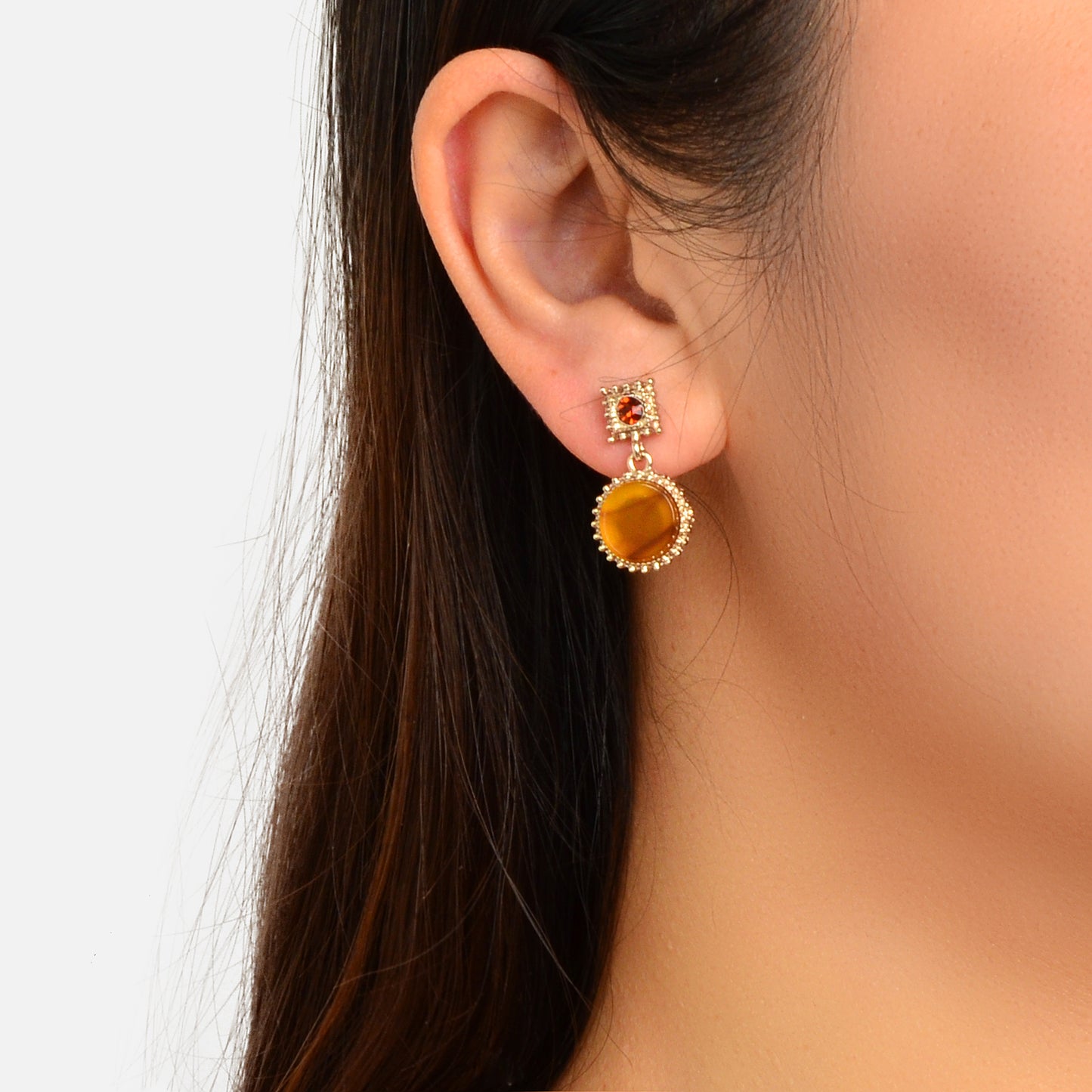 Textured Red Rhinestone Yellow Simulated Gemstone Round Charm Dangle Earrings