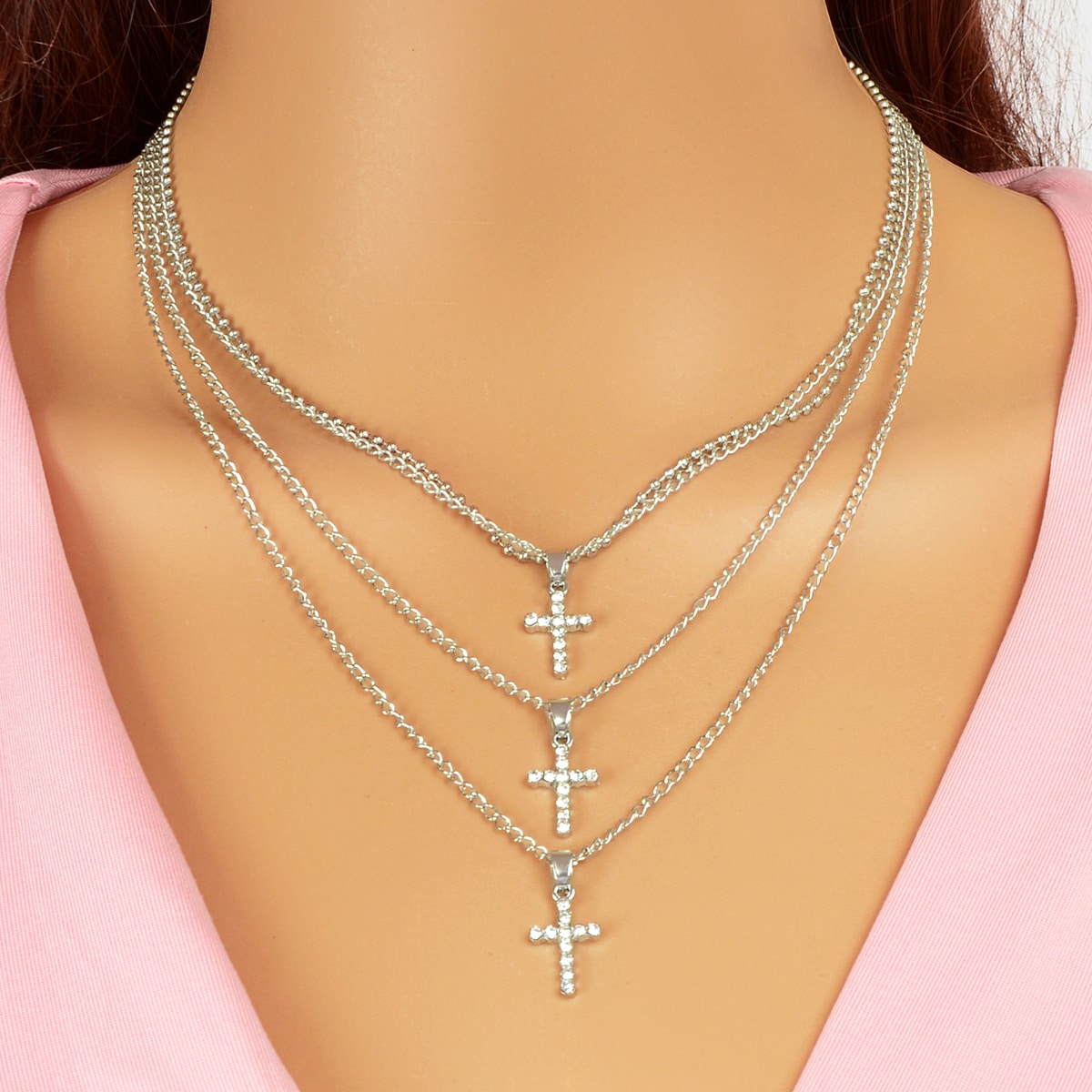 Unique Design Rhinestone Multi-layer Gold Silver Chain Cross Pendant Necklace