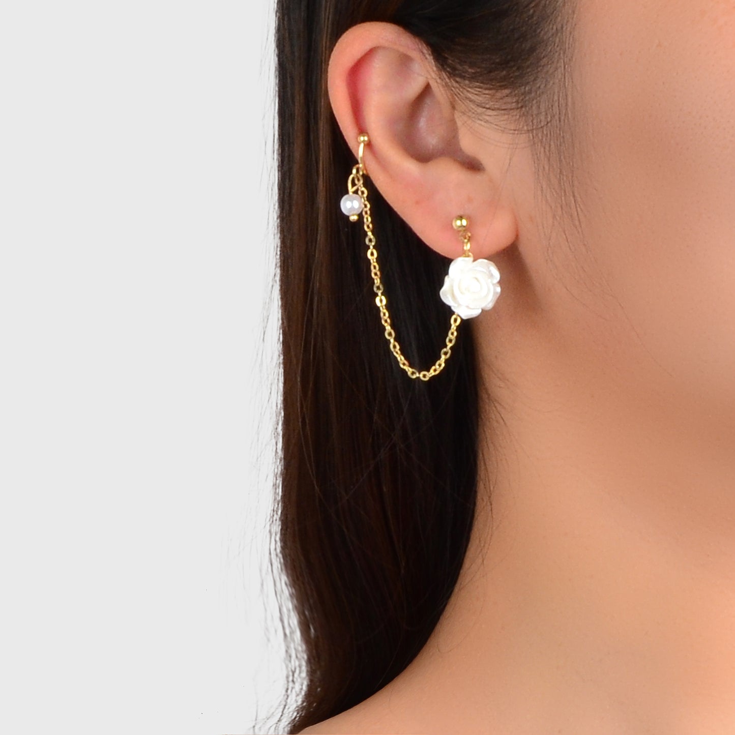 Cartilage Jewelry Pearl White Flower Ear Cuff Stud Cartilage Asymmetric Earrings