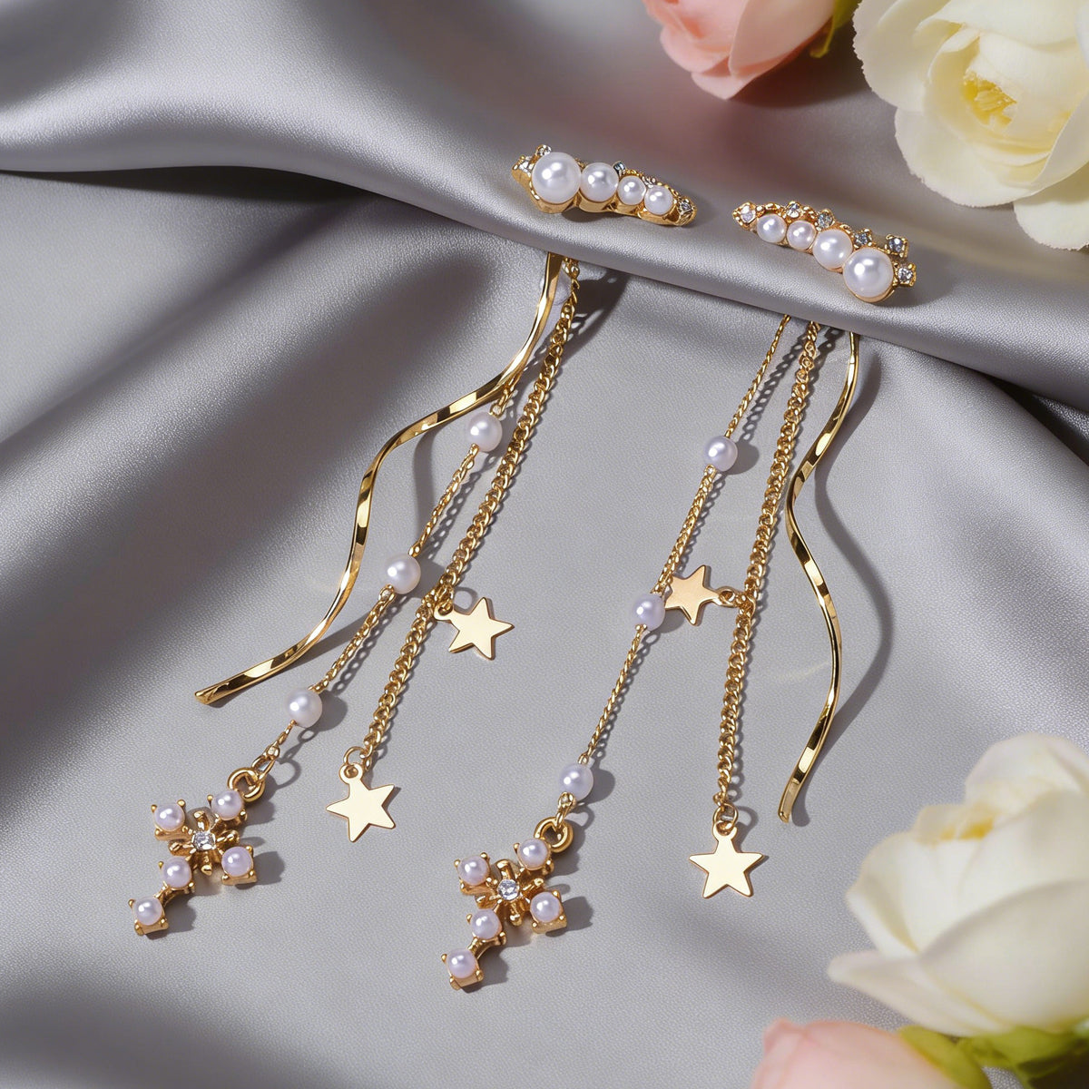 Rhinestone Pearl Gold Star Cross Charm Earrings Ear Jacket Tassel Stud Teen Gift