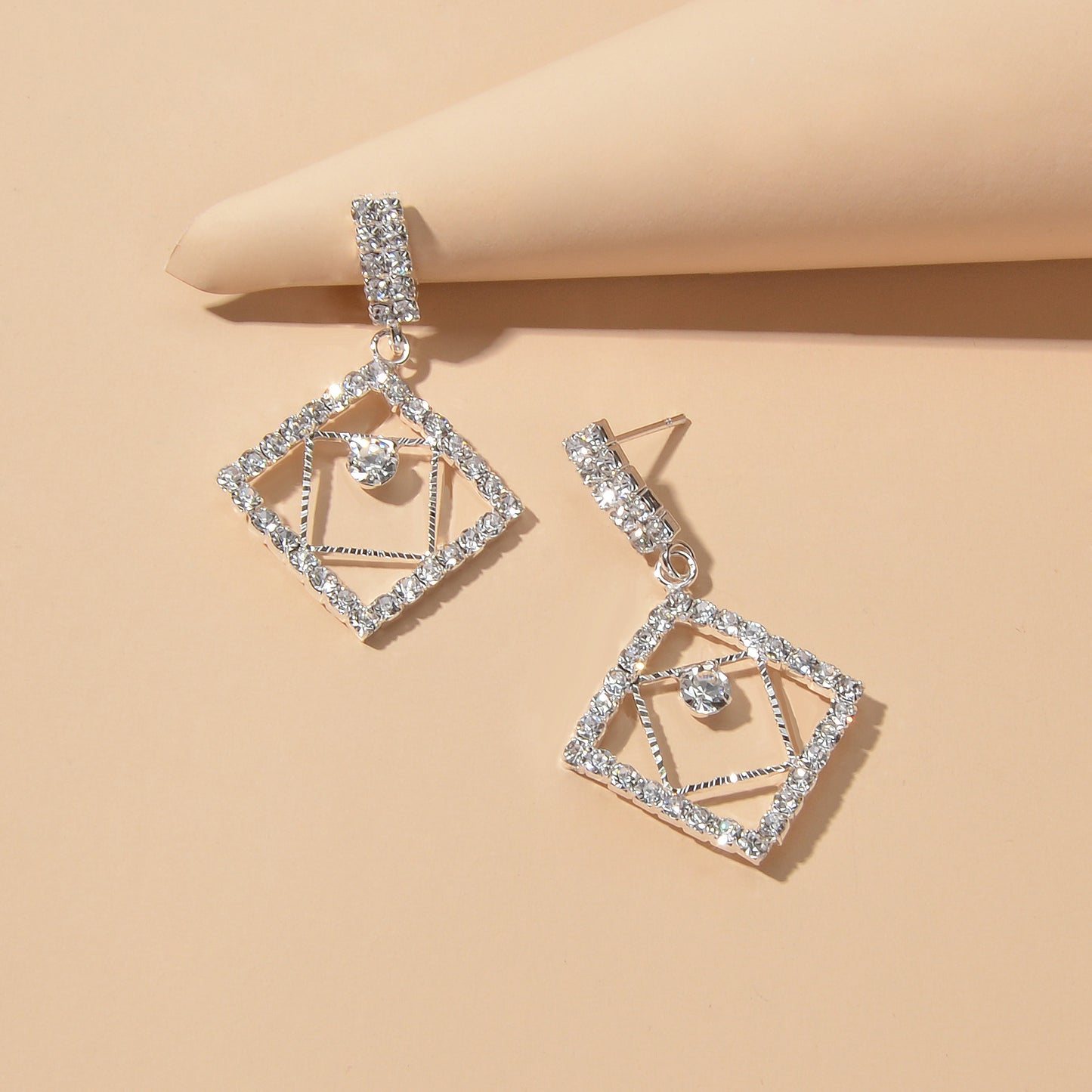 Anniversary Wedding Jewelry Luxury Full Rhinestone Square Dangle Bridal Earrings
