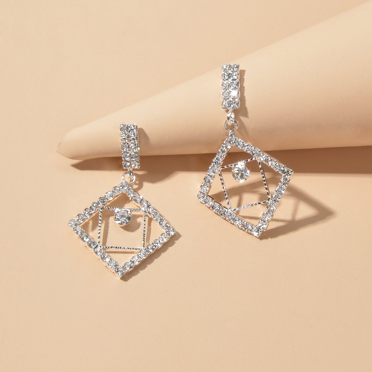 Anniversary Wedding Jewelry Luxury Full Rhinestone Square Dangle Bridal Earrings
