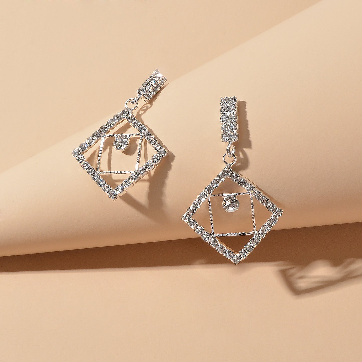 Anniversary Wedding Jewelry Luxury Full Rhinestone Square Dangle Bridal Earrings