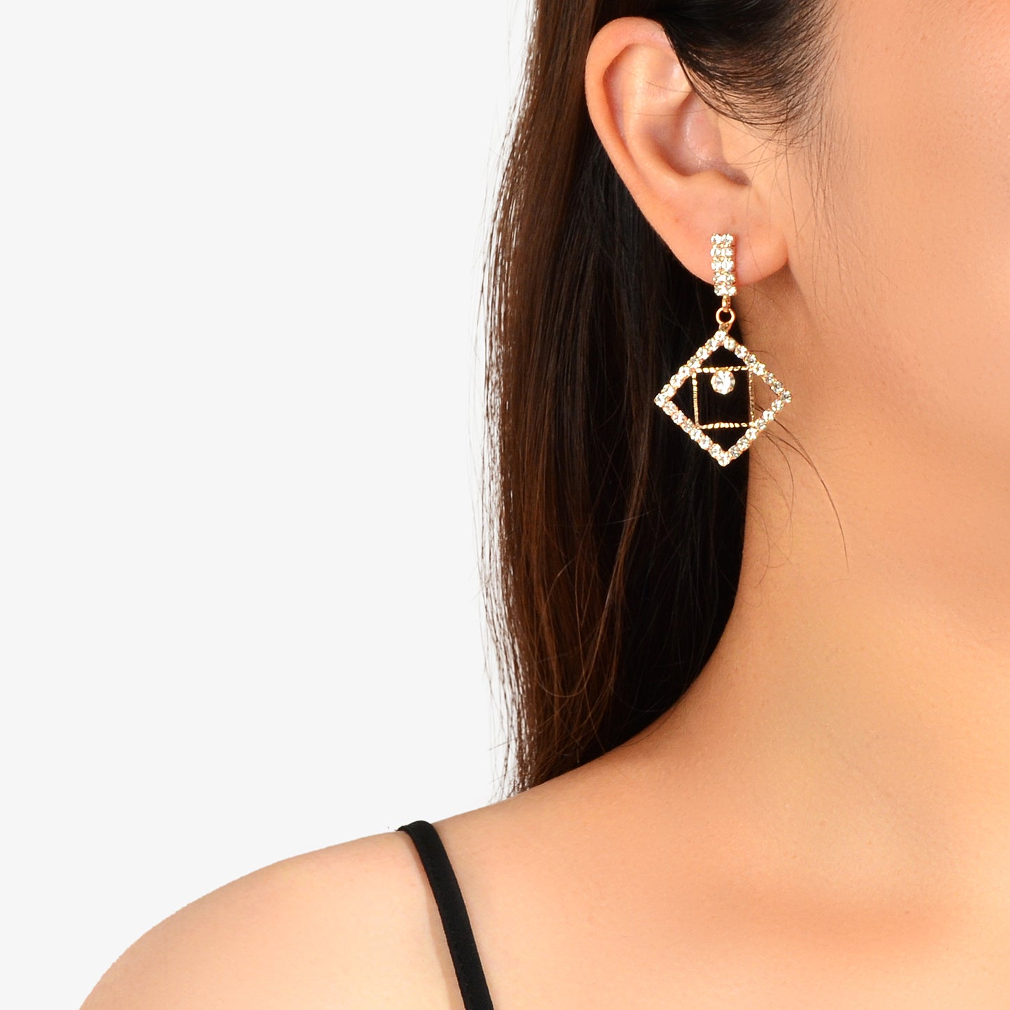 Anniversary Wedding Jewelry Luxury Full Rhinestone Square Dangle Bridal Earrings