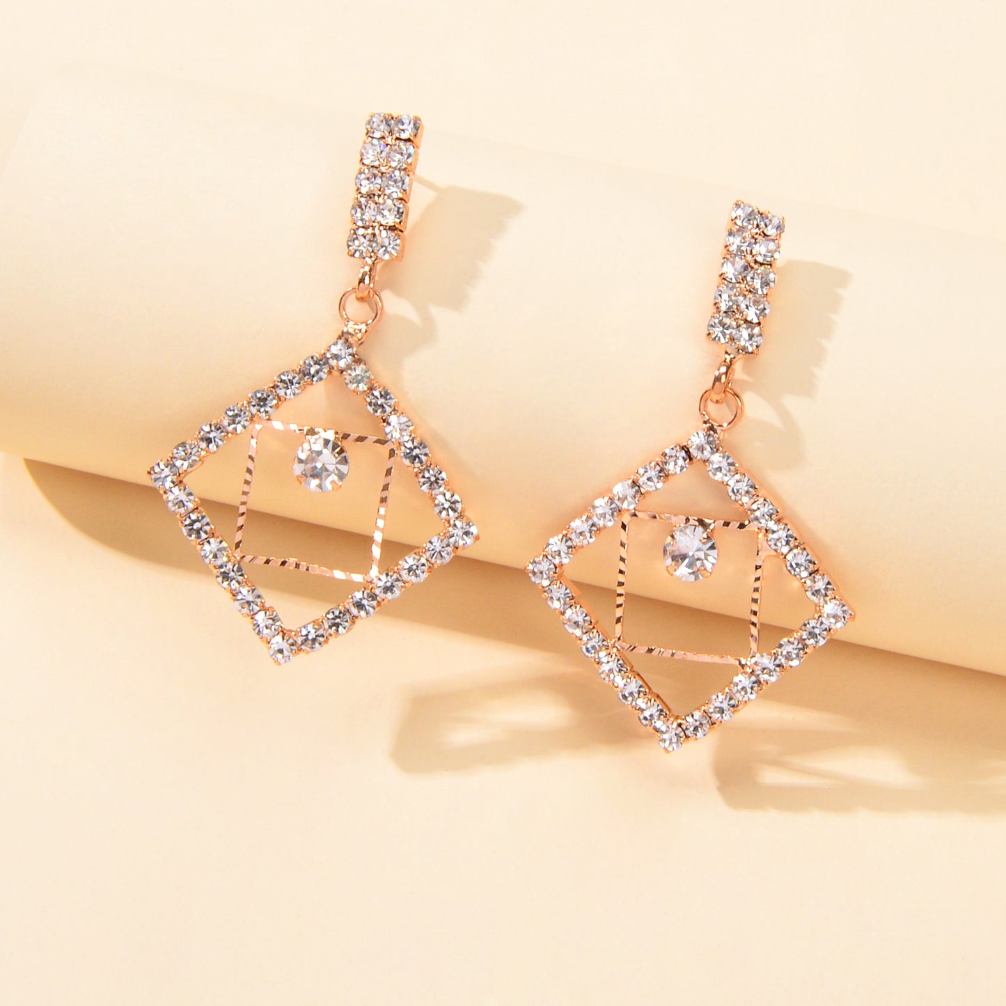 Anniversary Wedding Jewelry Luxury Full Rhinestone Square Dangle Bridal Earrings