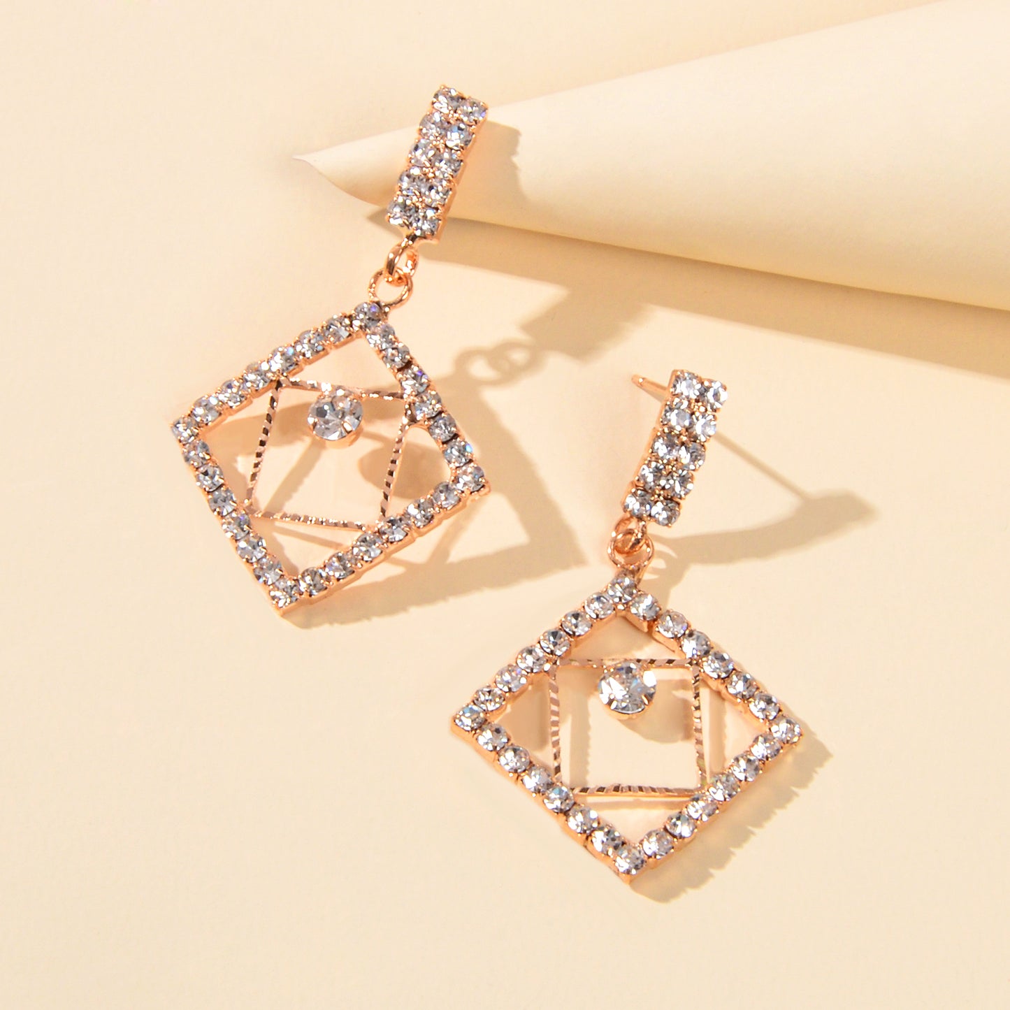 Anniversary Wedding Jewelry Luxury Full Rhinestone Square Dangle Bridal Earrings