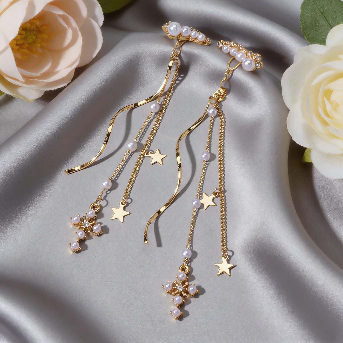 Rhinestone Pearl Gold Star Cross Charm Earrings Ear Jacket Tassel Stud Teen Gift
