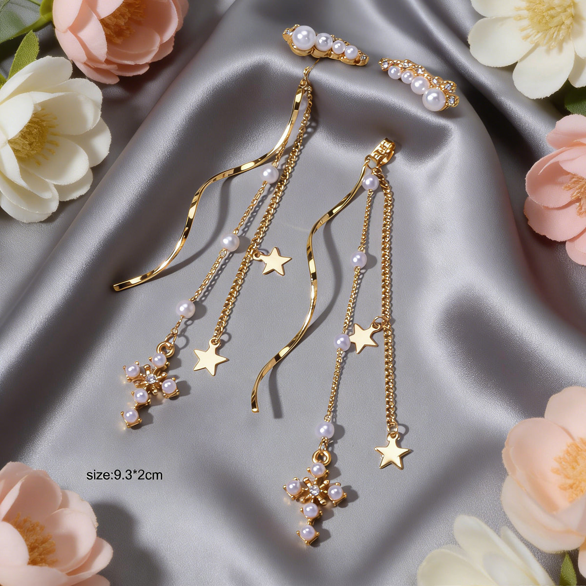 Rhinestone Pearl Gold Star Cross Charm Earrings Ear Jacket Tassel Stud Teen Gift