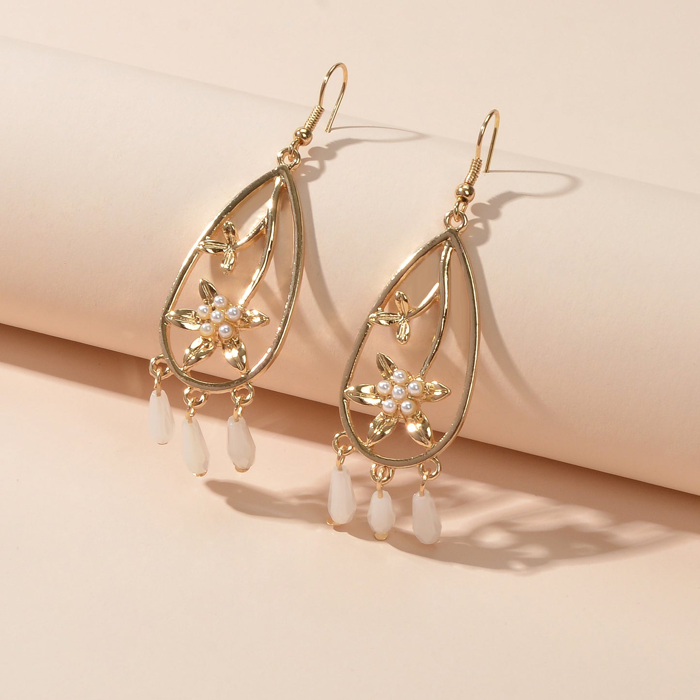 Courtly Style Pearl Flower Beads Charm Hollow Water Drop Dangle Hook Earrings