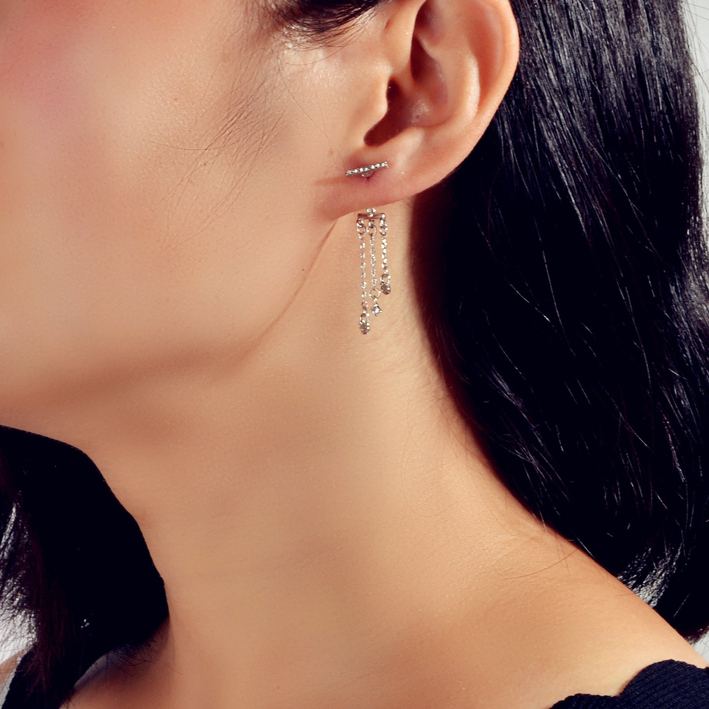 Delicate Jewelry Rhinestone Decor Silver Chain Tassel Charm Earrings Ear Jacket