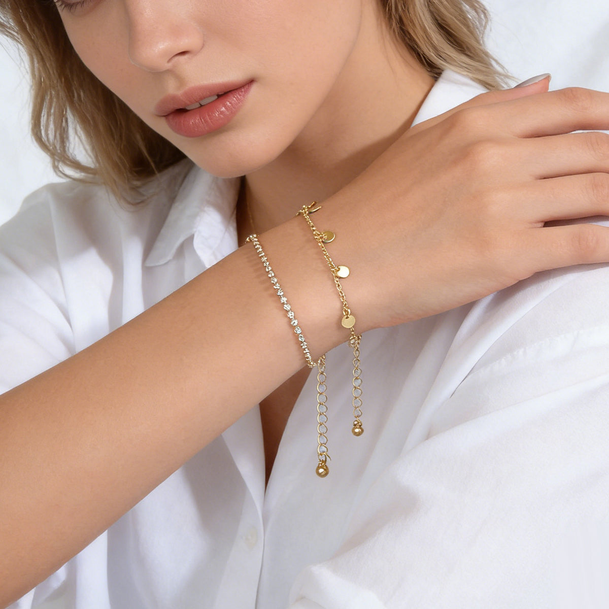 2pcs Women Rhinestone Gold Silver Chain Disc Charm Bracelet Fashion Accessories