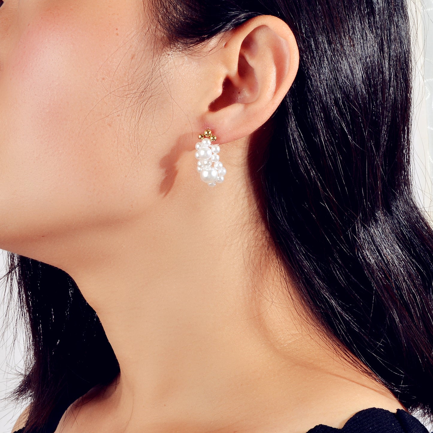 Retro Handmade Braided Pearl Beads Flower Stud Pierced Earring for Wedding Party