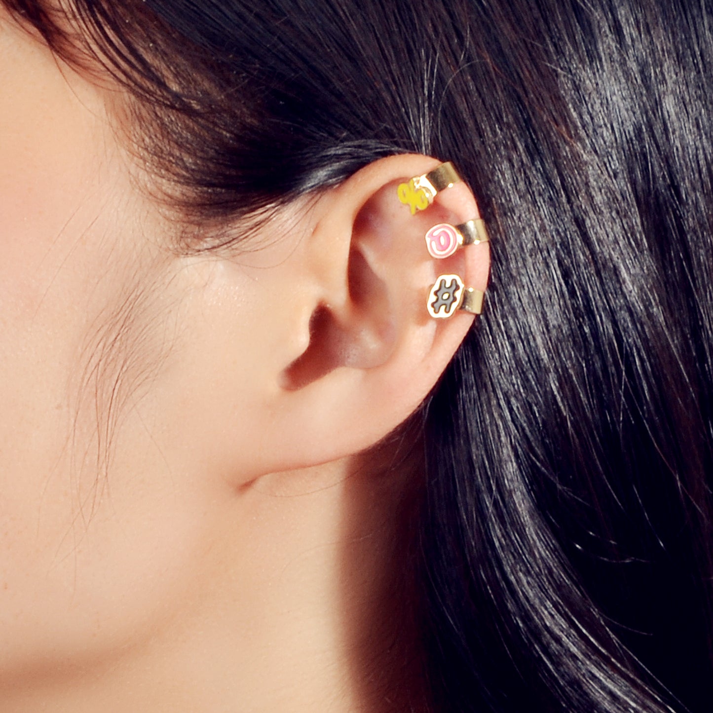 Cartilage Jewellery 3 pcs Candy Color Enamel Symbol Gold Ear Cuff Earrings set