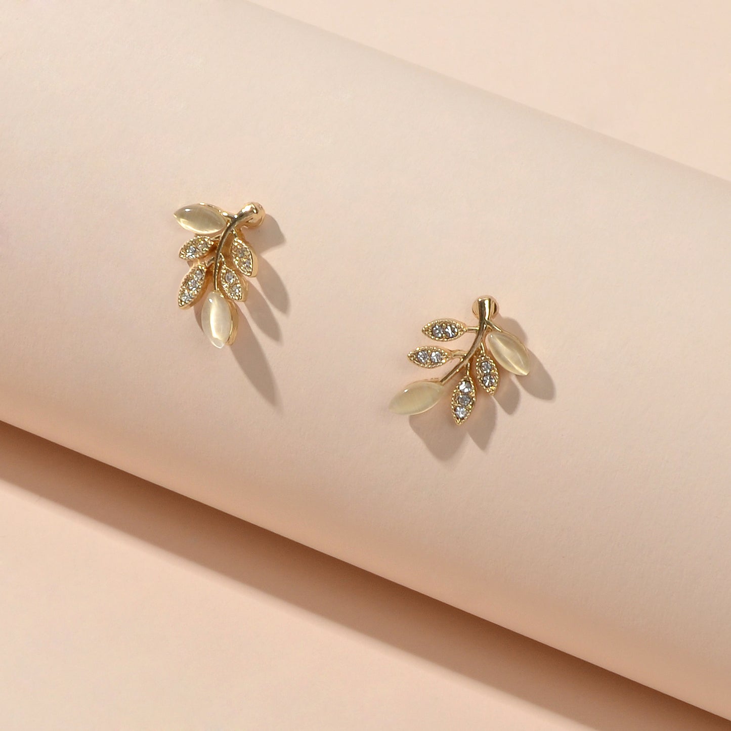 Luxurious Opal Rhinestone Gold  Leaf Stud Textured Earrings Anniversary Jewelry