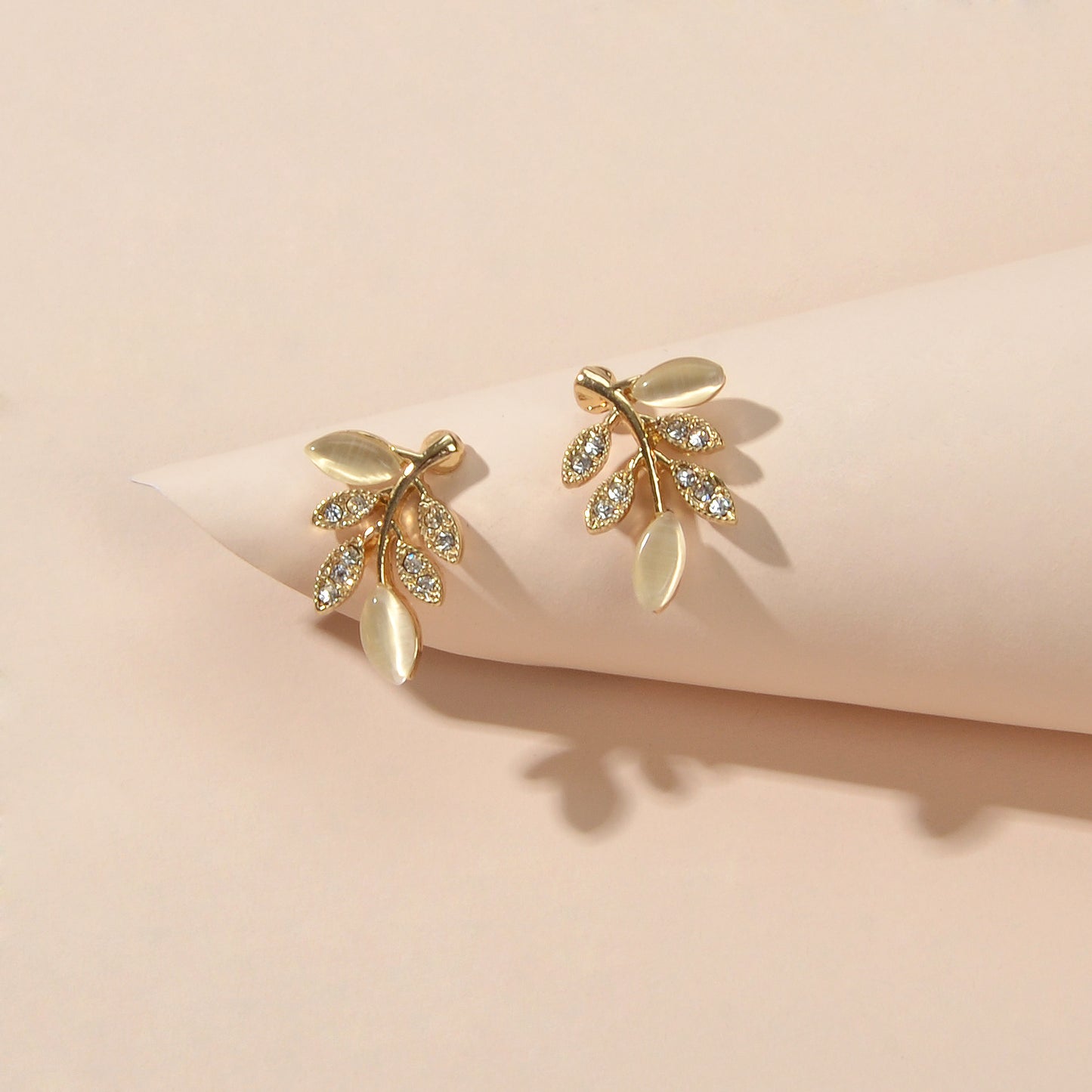 Luxurious Opal Rhinestone Gold  Leaf Stud Textured Earrings Anniversary Jewelry