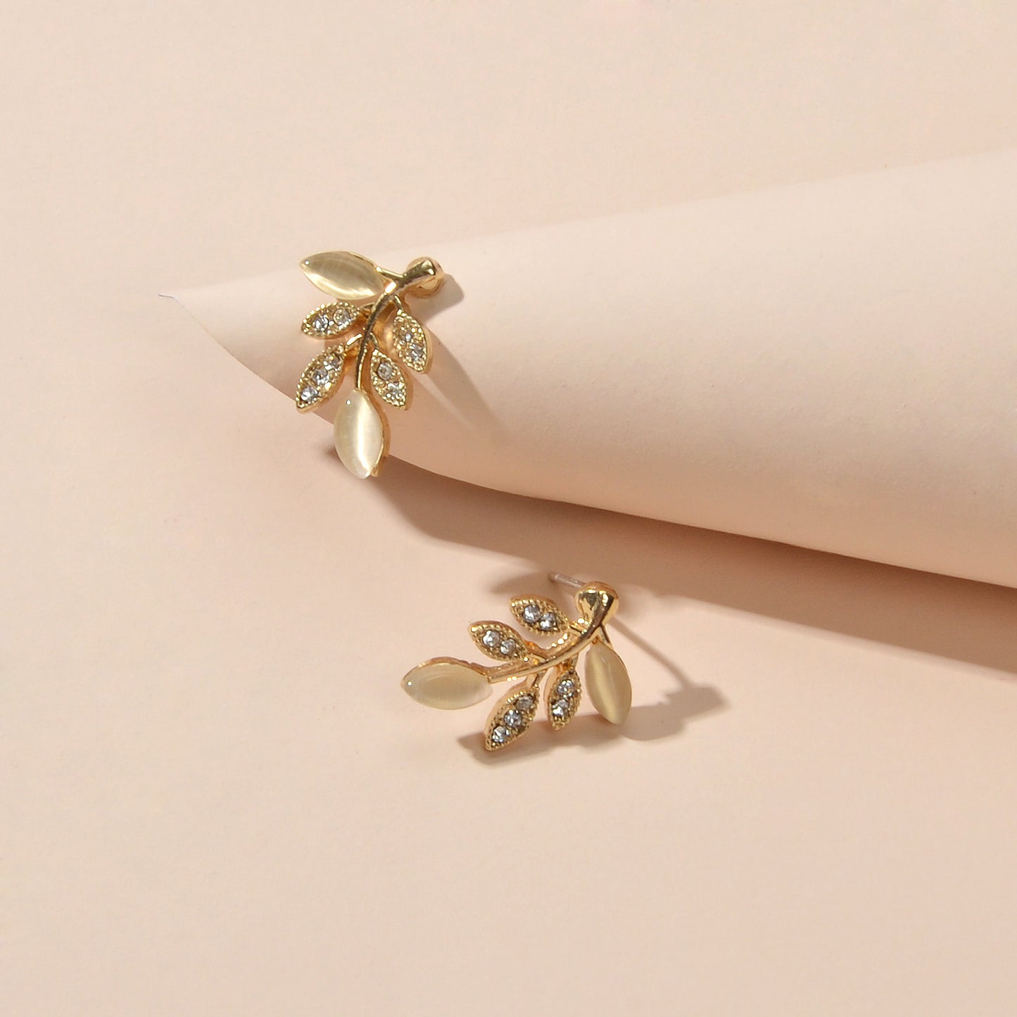 Luxurious Opal Rhinestone Gold  Leaf Stud Textured Earrings Anniversary Jewelry