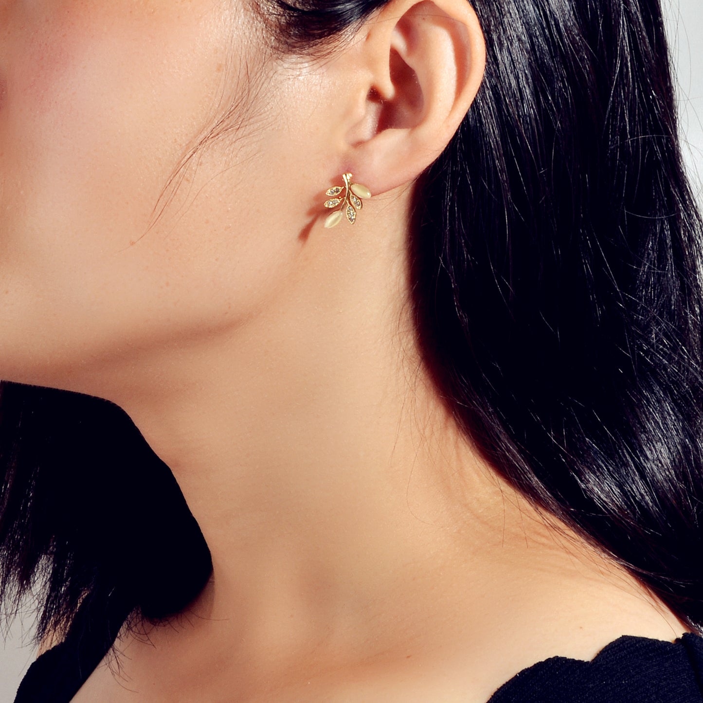 Luxurious Opal Rhinestone Gold  Leaf Stud Textured Earrings Anniversary Jewelry