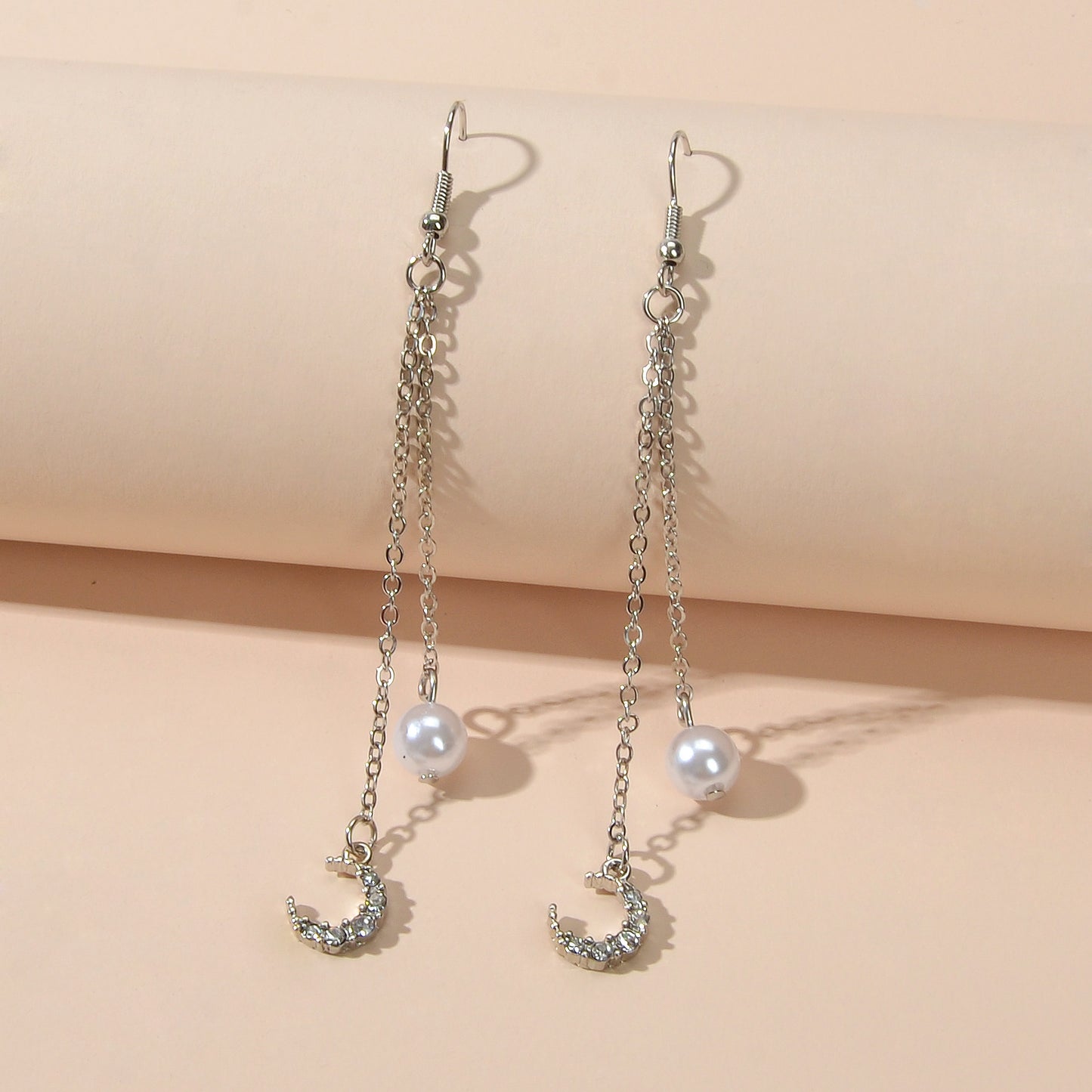 Dangling Elements Pearl Charm Gold Silver Long Chain Rhinestone Moon Earrings