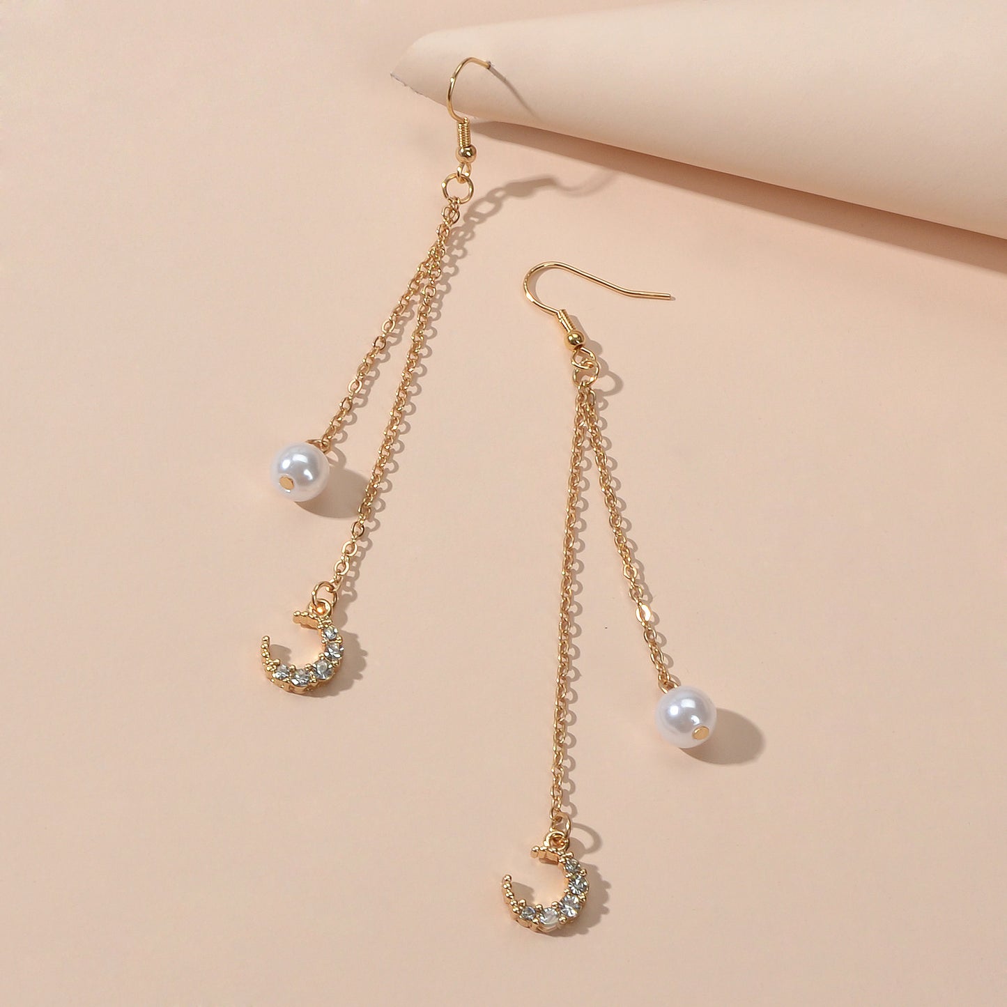 Dangling Elements Pearl Charm Gold Silver Long Chain Rhinestone Moon Earrings