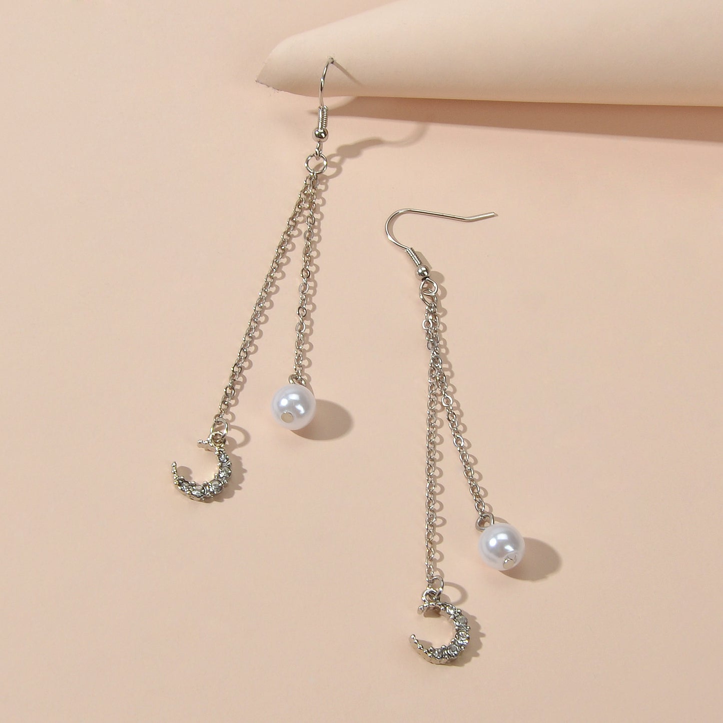Dangling Elements Pearl Charm Gold Silver Long Chain Rhinestone Moon Earrings