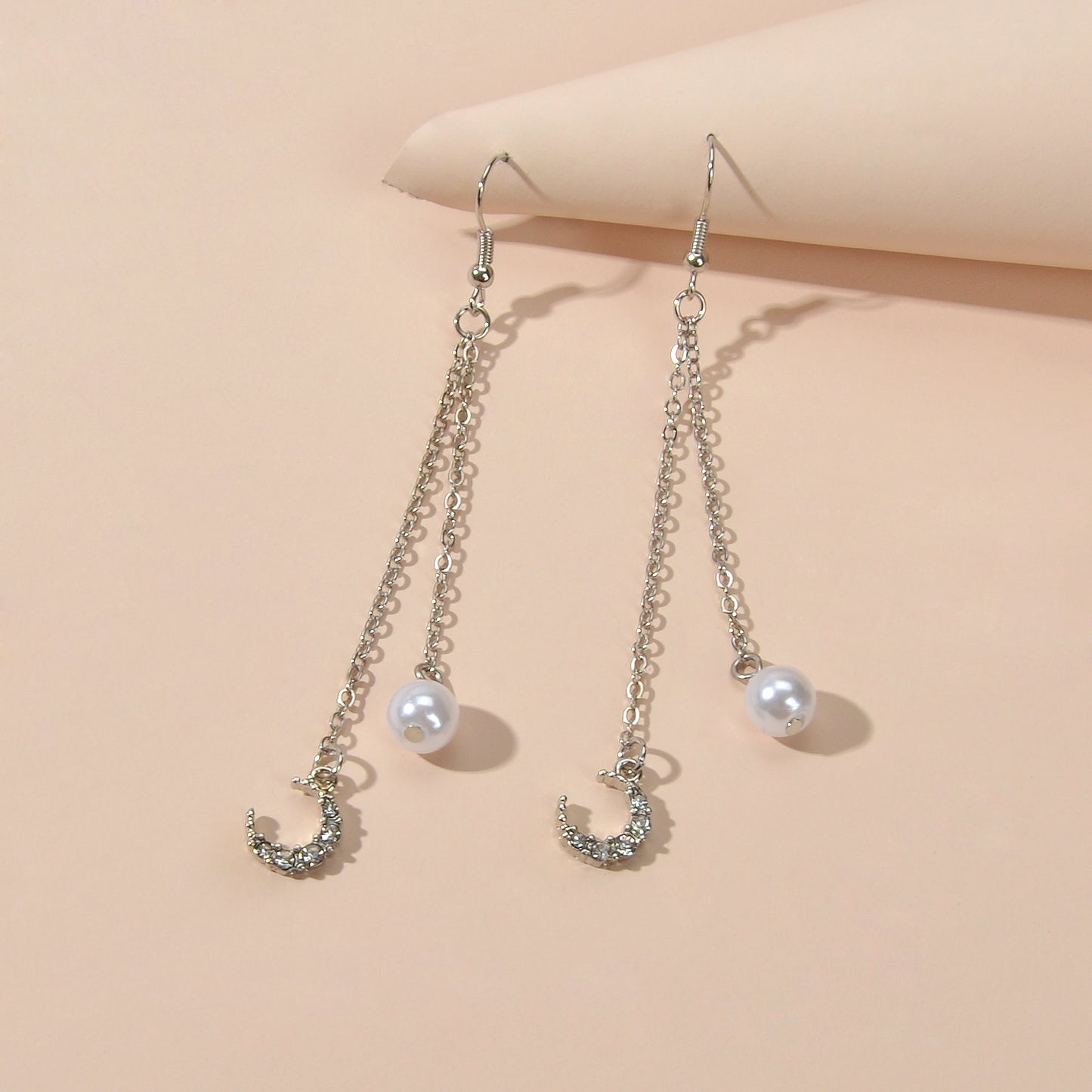 Dangling Elements Pearl Charm Gold Silver Long Chain Rhinestone Moon Earrings