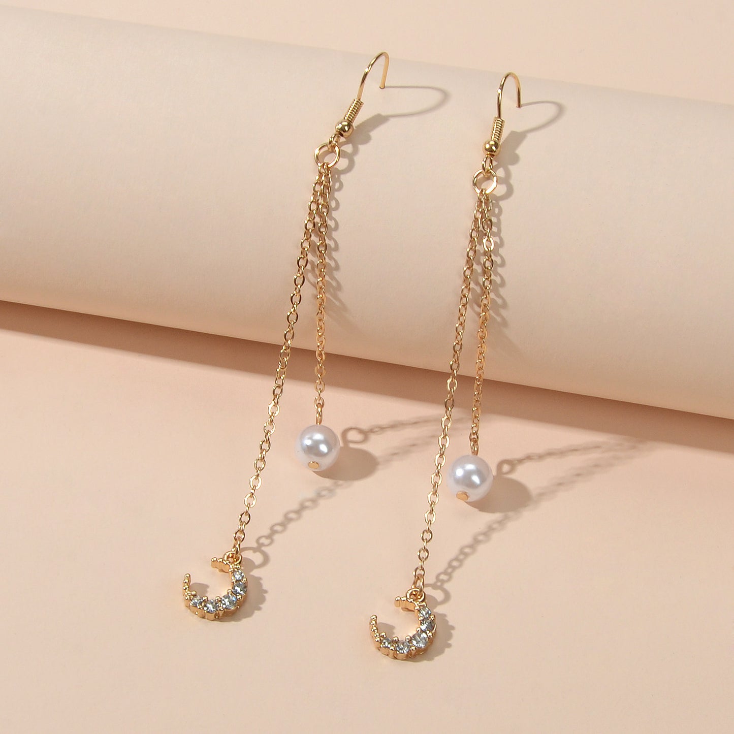Dangling Elements Pearl Charm Gold Silver Long Chain Rhinestone Moon Earrings