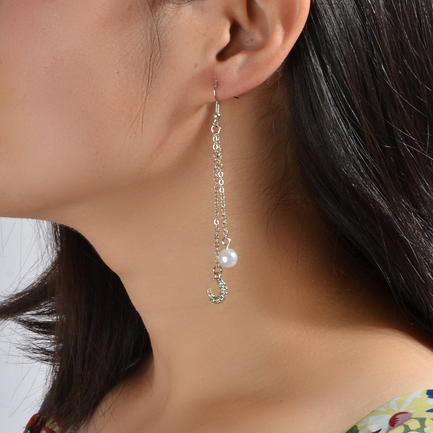 Dangling Elements Pearl Charm Gold Silver Long Chain Rhinestone Moon Earrings