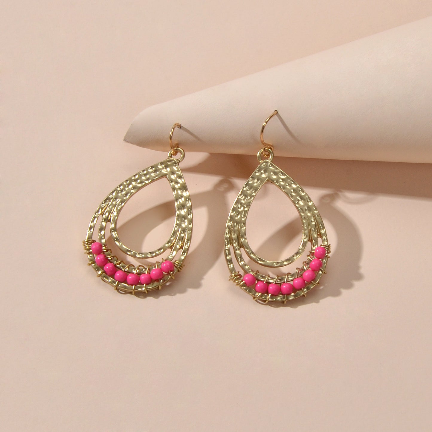 Ethnic Hotpink Beads Handmade Hollow Water Drop Bohemian Traditional Earrings