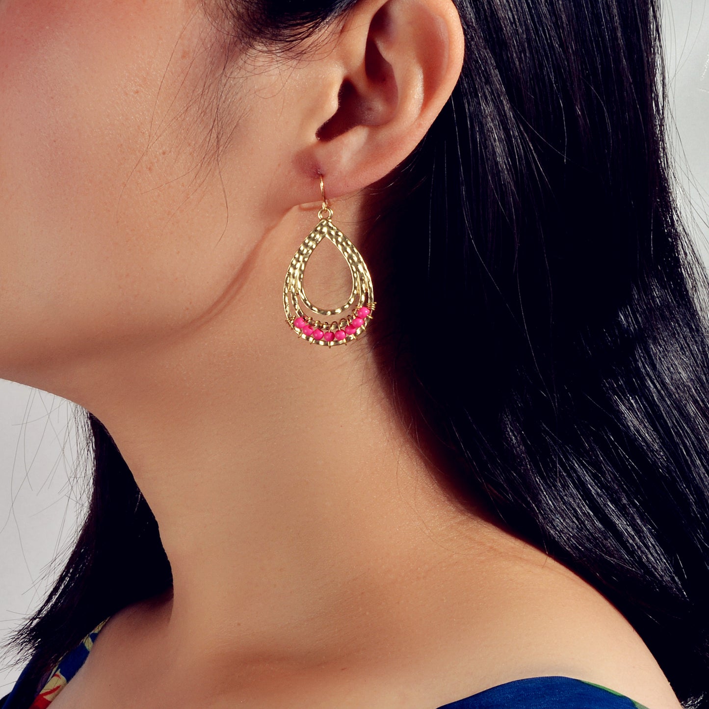 Ethnic Hotpink Beads Handmade Hollow Water Drop Bohemian Traditional Earrings