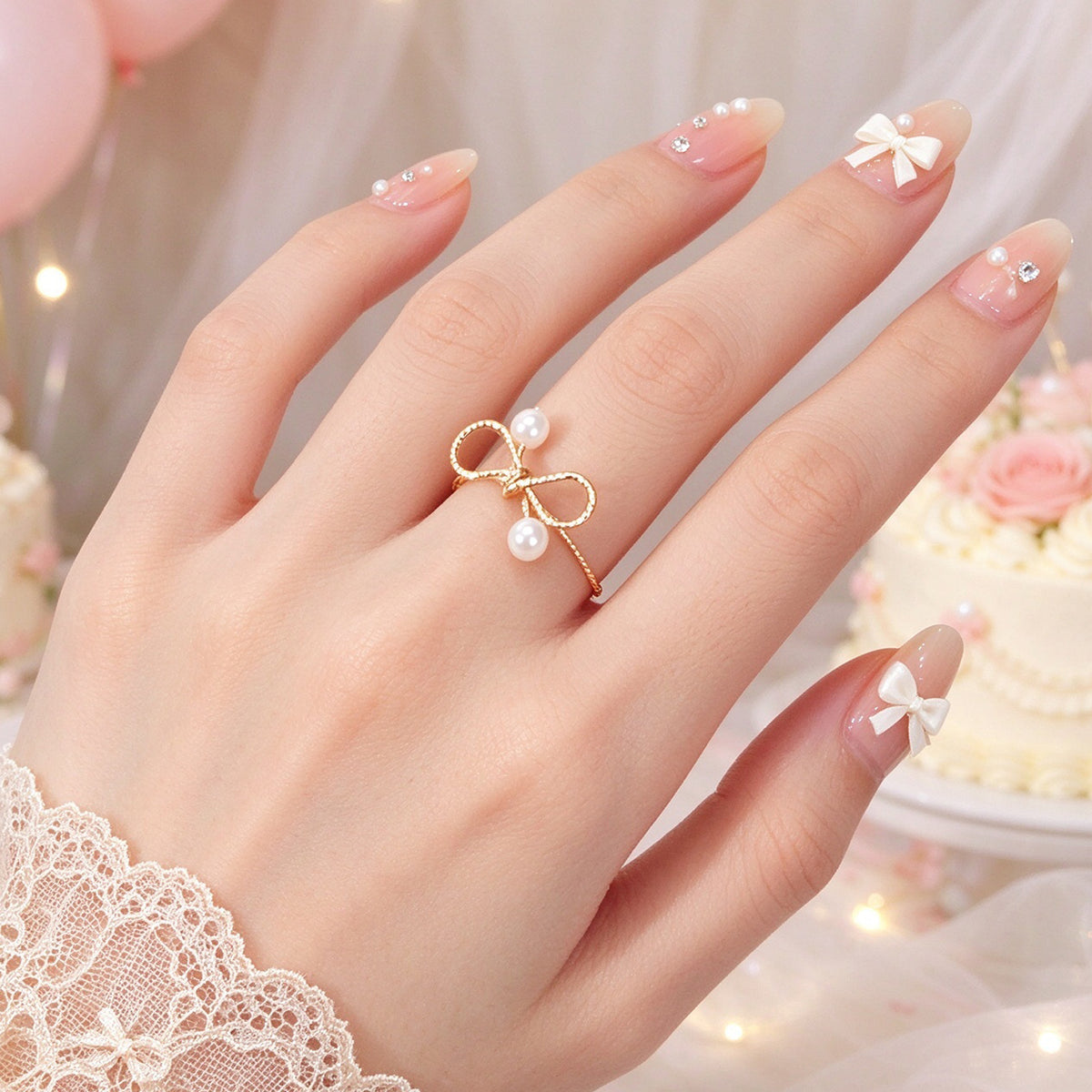 Sweet Style Beads Decor Gold Bow Finger Ring Wedding Engagement Jewellery Gift