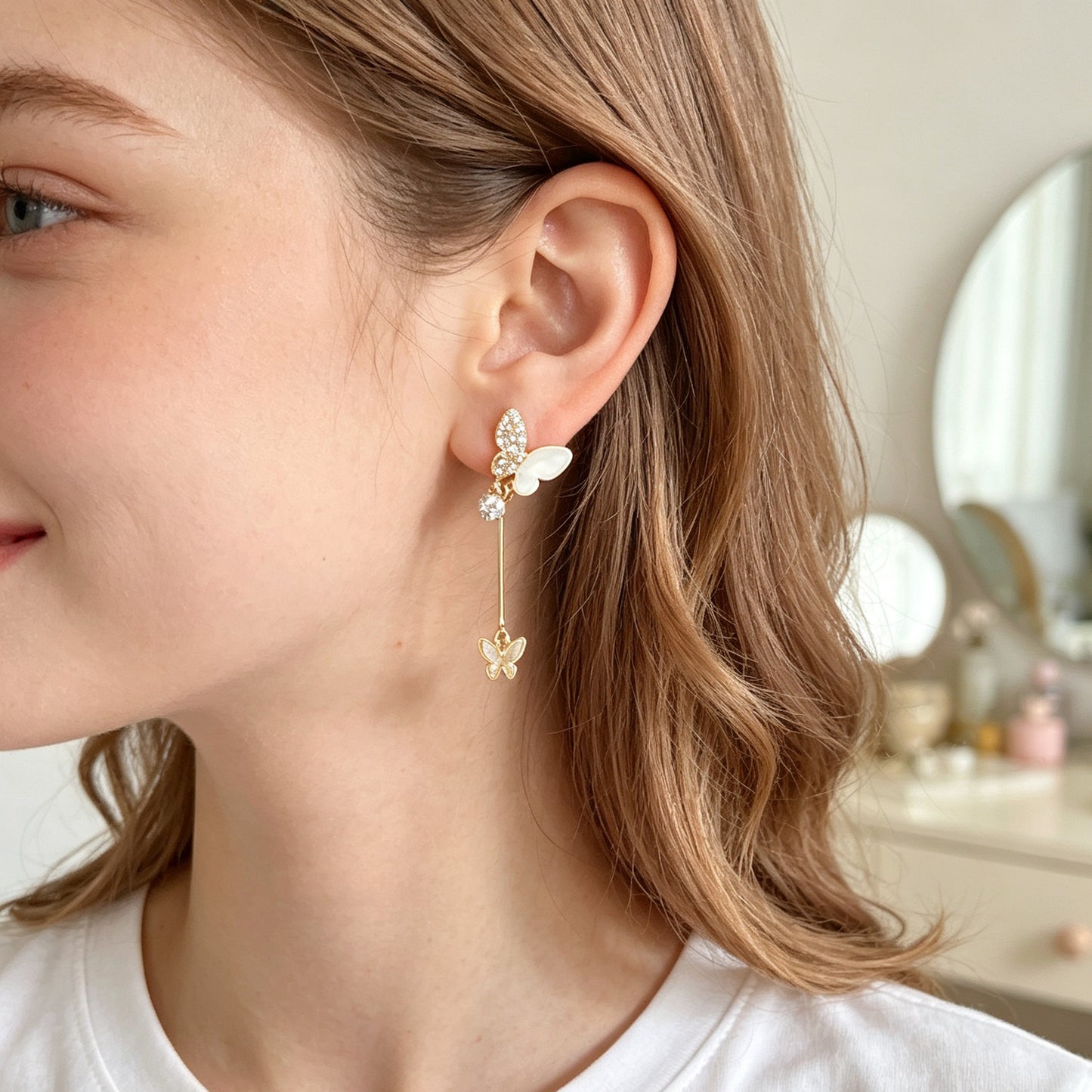 Gold Shiny Double Butterfly Long Dangle Earrings Exquisite Evening Party Jewelry