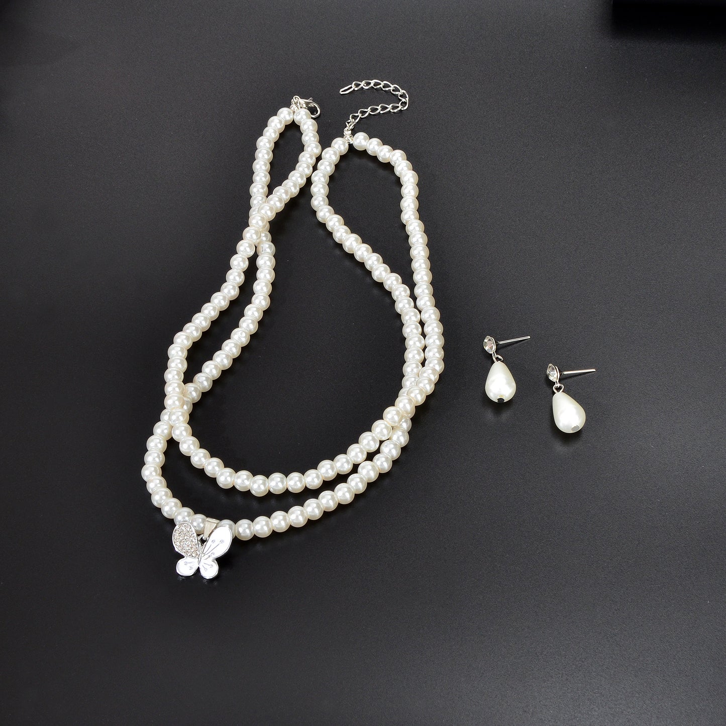 Imitation Pearl Double layered Necklace Water Drop Earrings Banquet Wedding Jewellery set