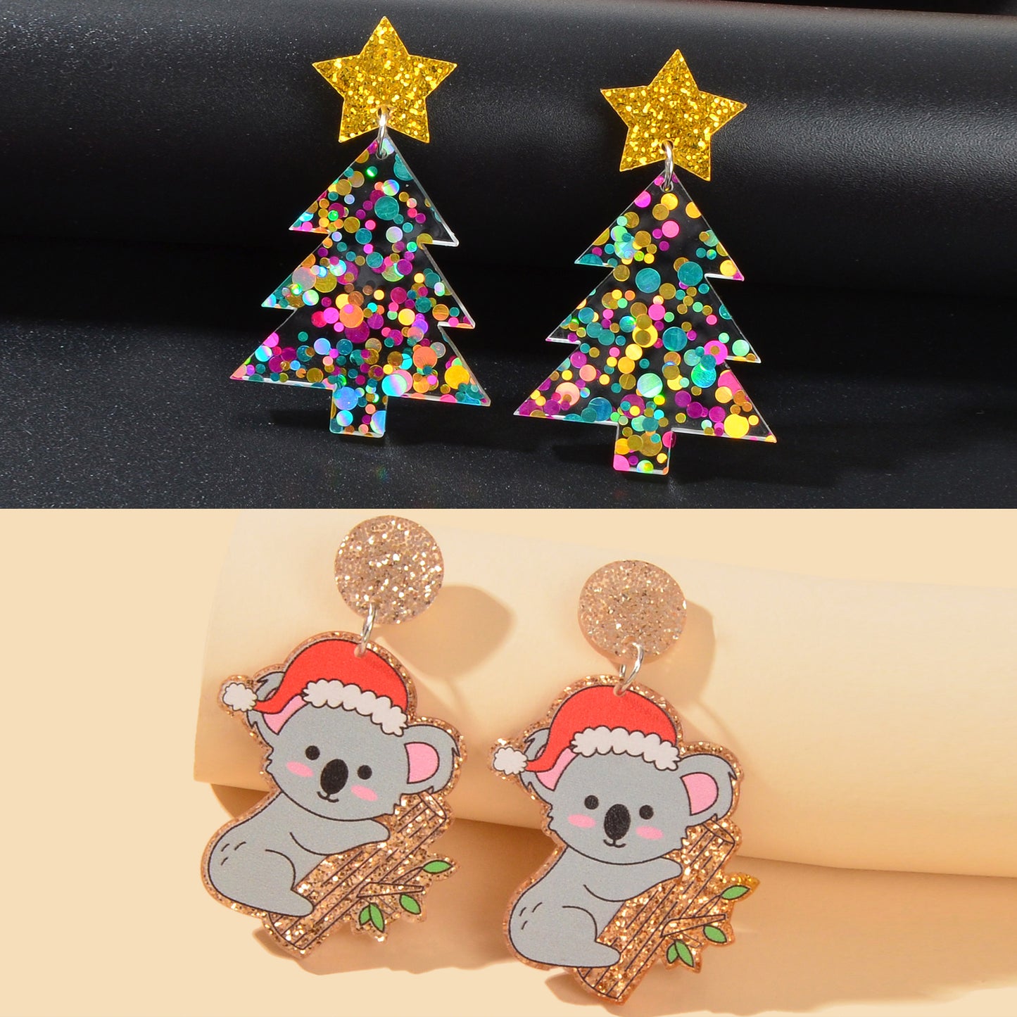 2 pairs Christmas Festival Jewelry Sequin Decor Acrylic Tree Koala Earrings set