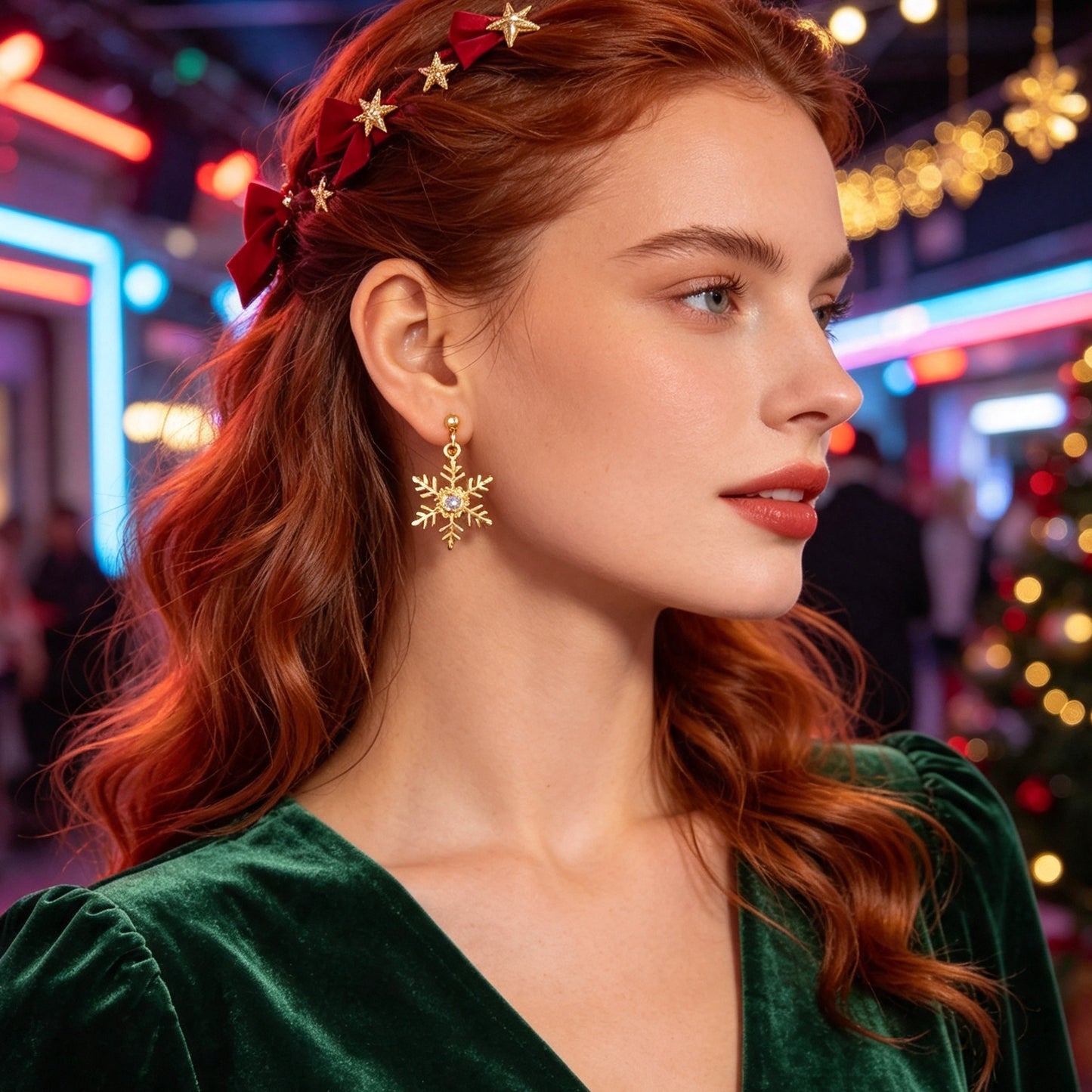 Christmas Jewelry Gold Snowflake Drop Earrings Women Delicate Festival Party Accessories