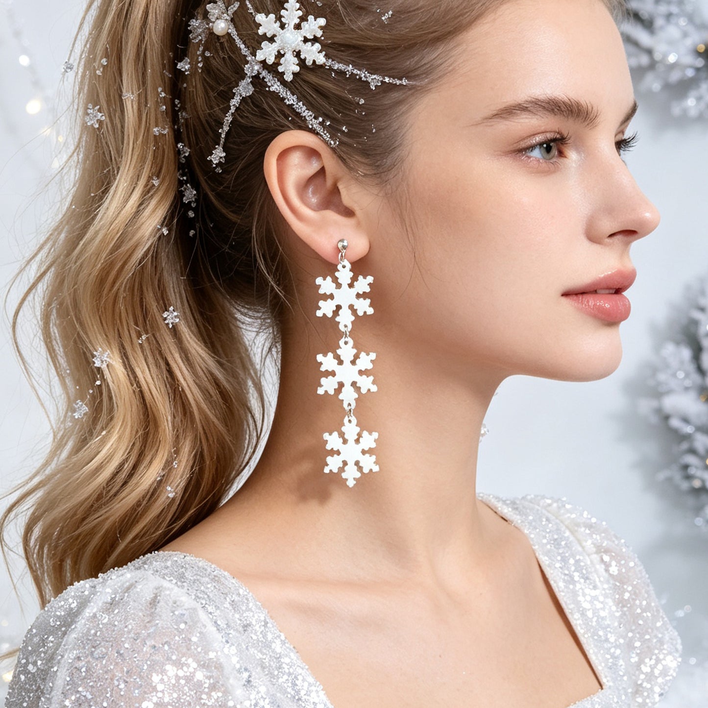 Christmas Snowflake Silver Long Dangle Drop Earrings Festive Statement Accessory