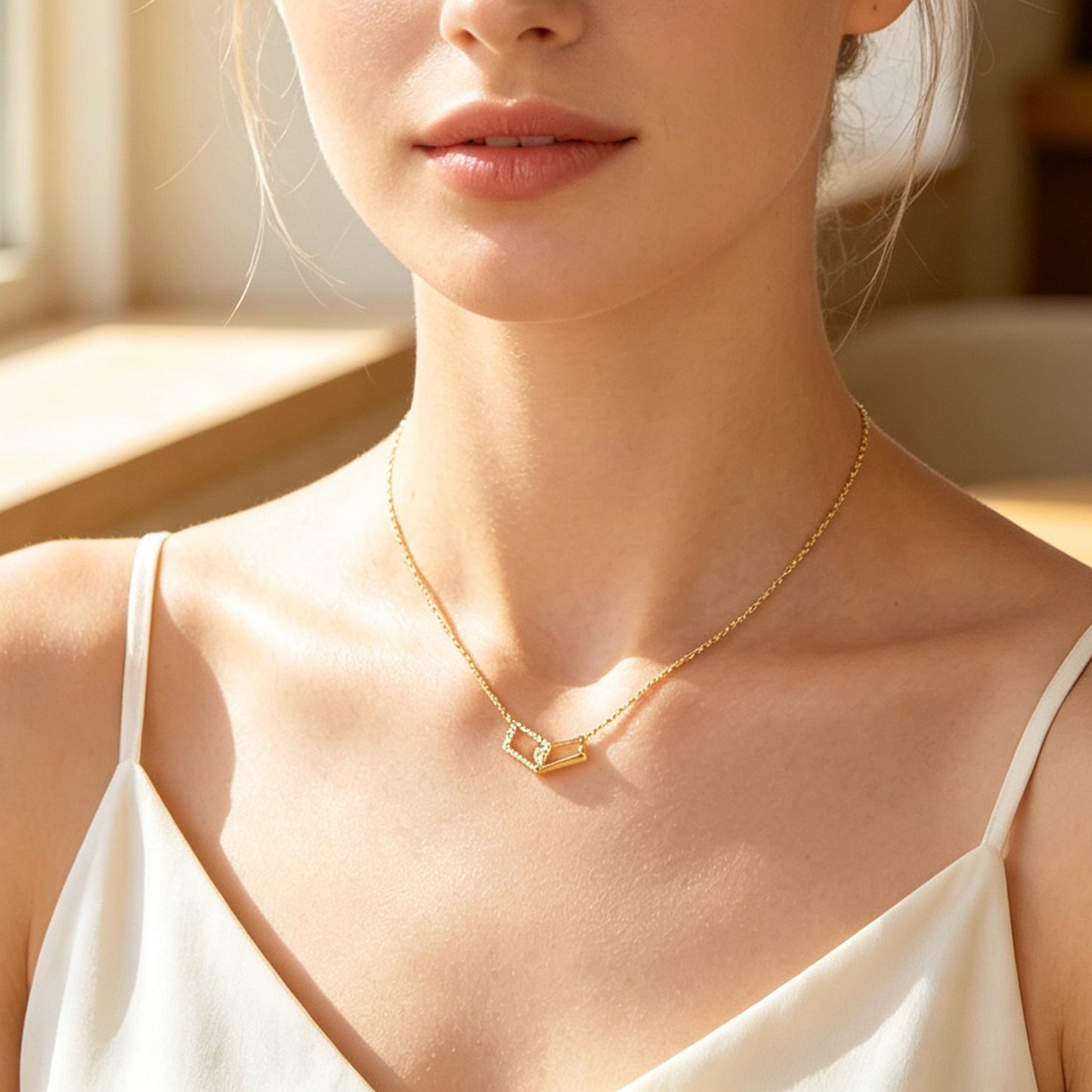 Gold Geometric Crystal Inlaid Square Link Pendant Necklace Minimalist Jewellery