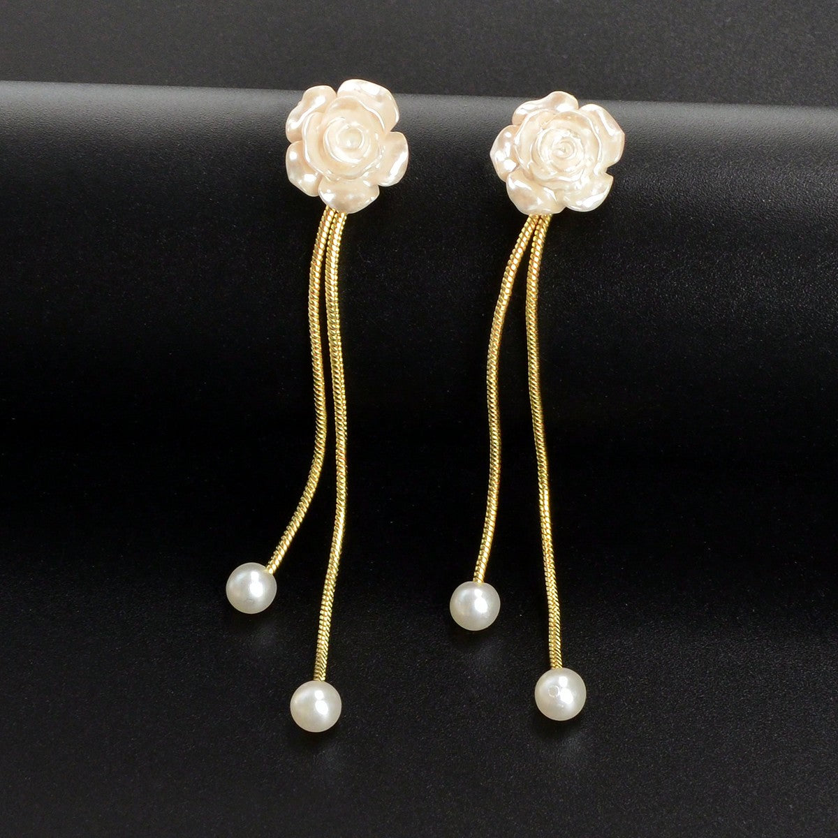 Romantic Resin Flower Pearl Charm Long Gold Chain Pendant Earrings Women Date