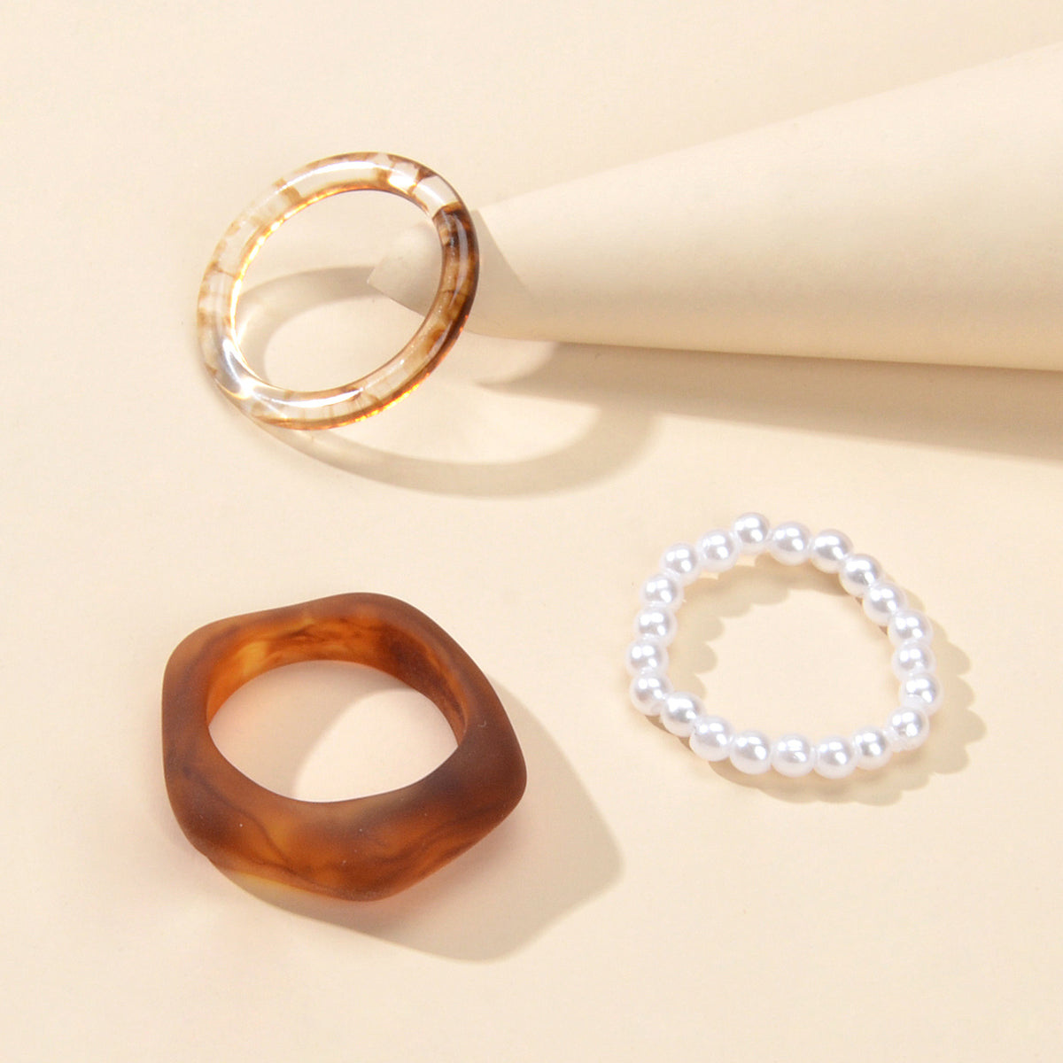 Multiple 3 pcs White Brown Resin Chunky Pearl Elastic Stackable Finger Ring Set