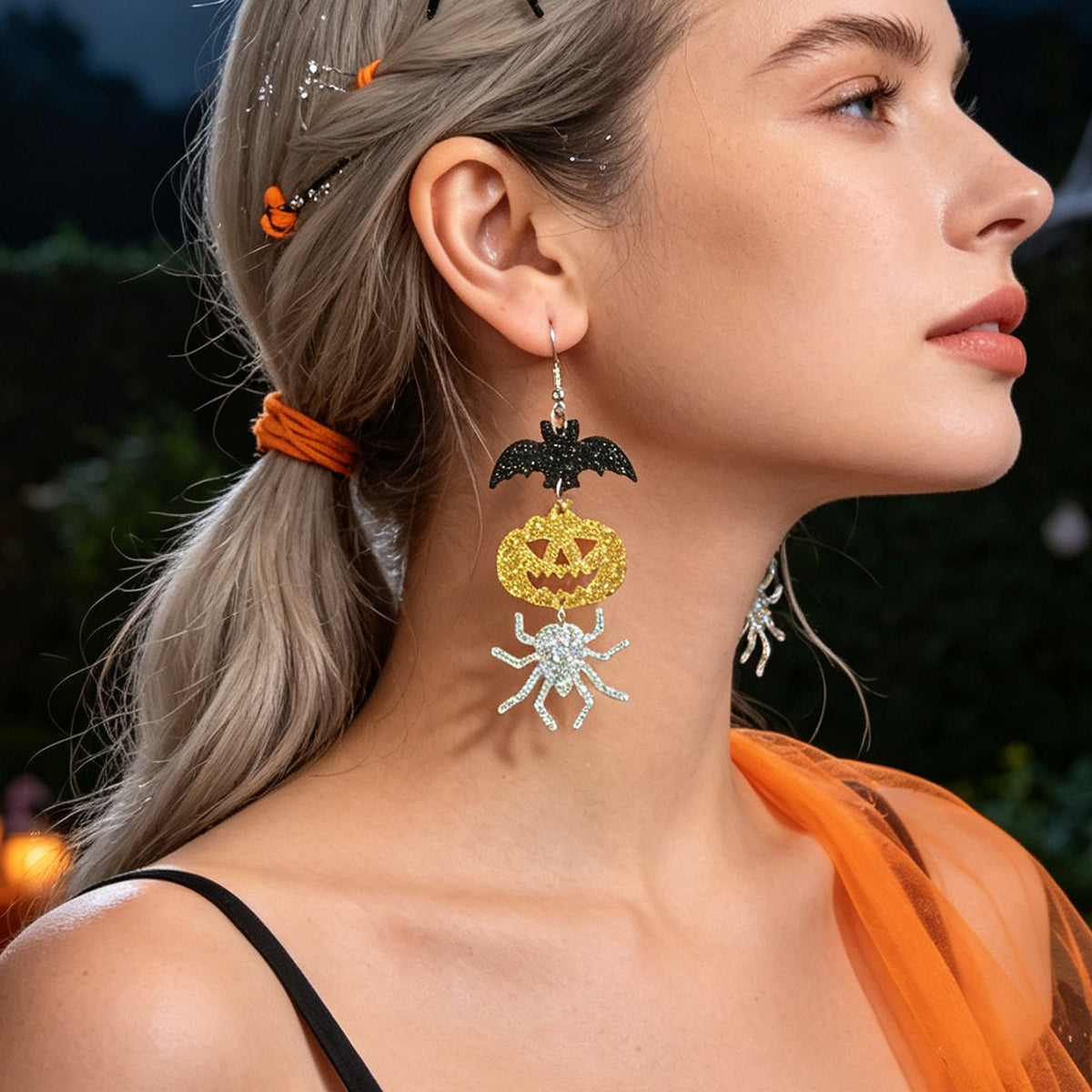 Halloween Glitter Bat Pumpkin Spider Drop Earrings Spooky Holiday Party Jewelry