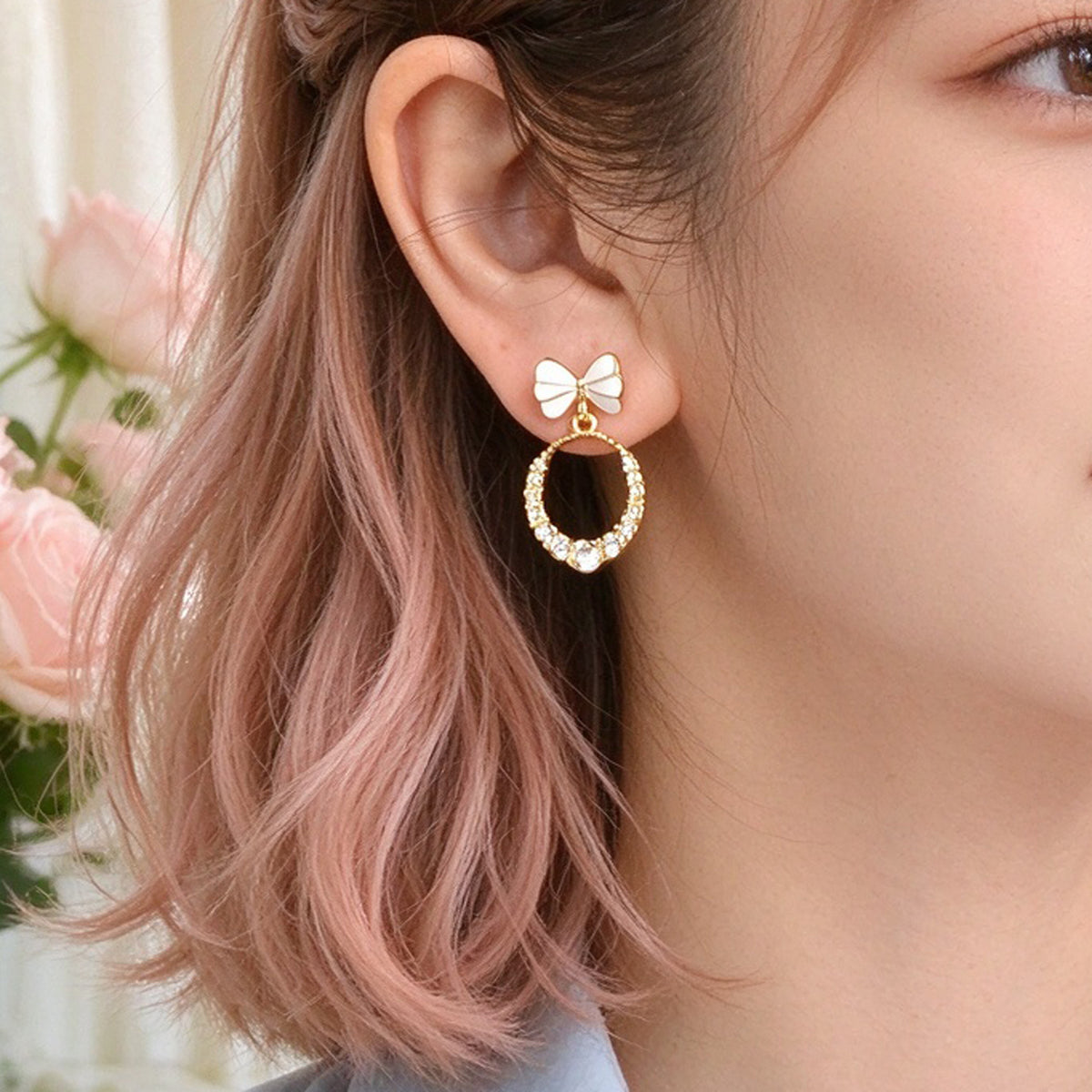 Sweet White Bow Sparkling Faux Crystal Circle Drop Earrings Elegant Jewelry Gift