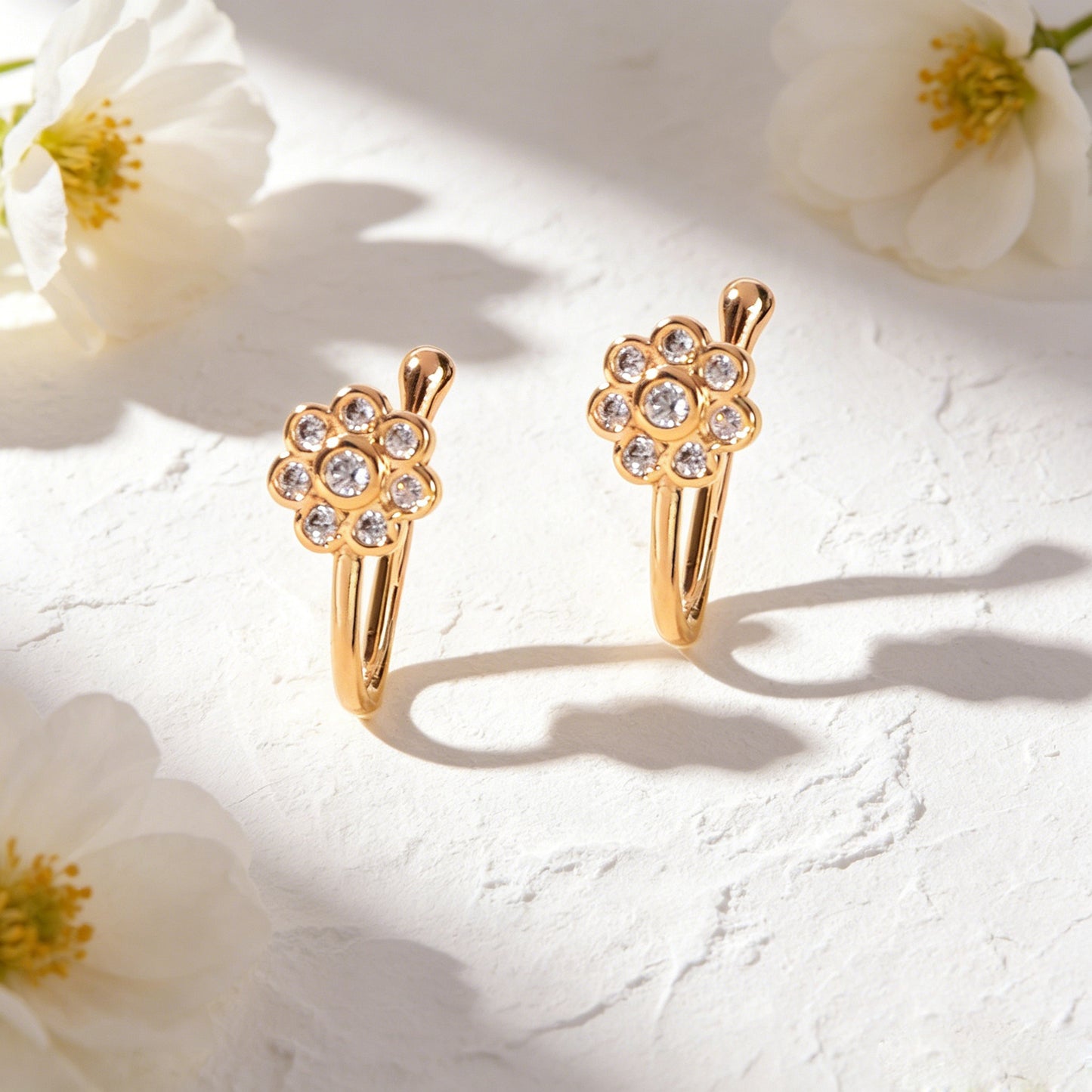2pcs Rhinestone Gold Flower Ear Cuff Earrings Elegant Dating Party Jewelry Gift