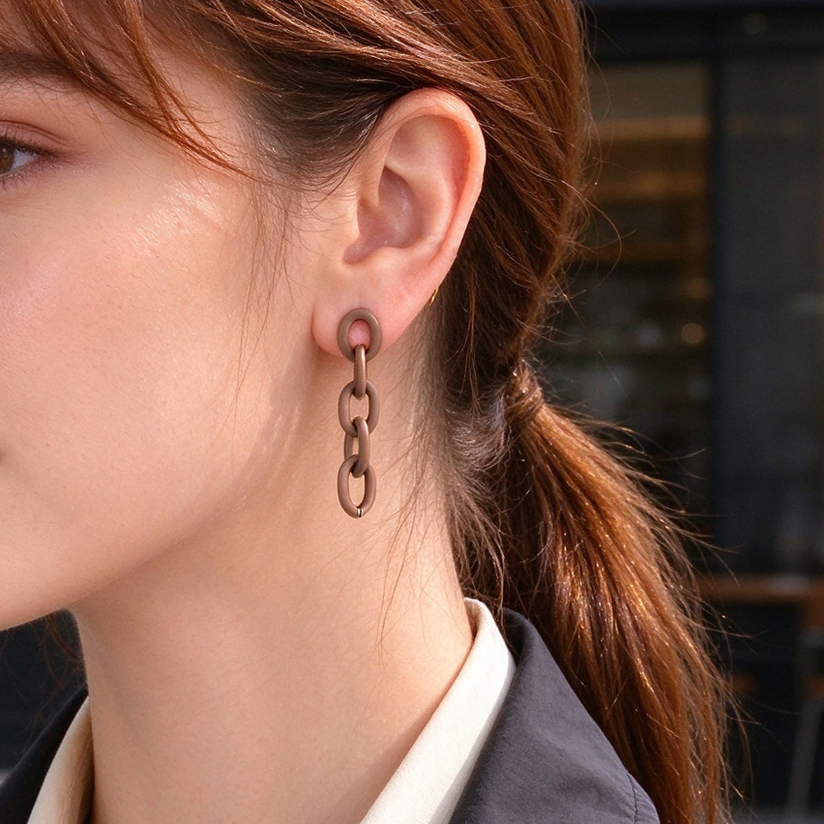 Brown Matte Chain Link Dangle Earrings Minimalist Geometric Drop Jewellery Gift
