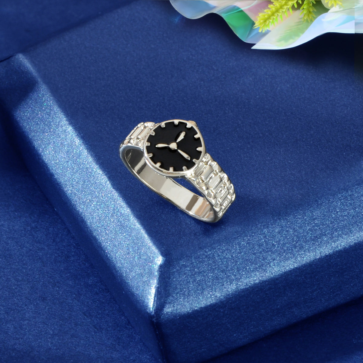 Black Enamel Watch Design Silver Fashion Women Cute Finger Ring Wholesale Price