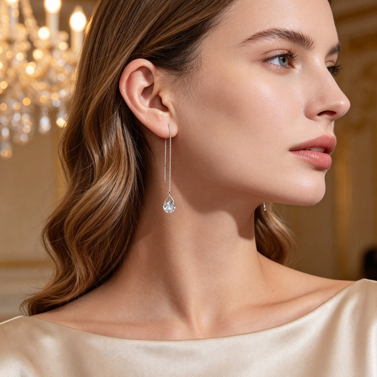 Ladies Jewellery Silver Long Chain Faux Cubic Zirconia Charm Dangle Earrings